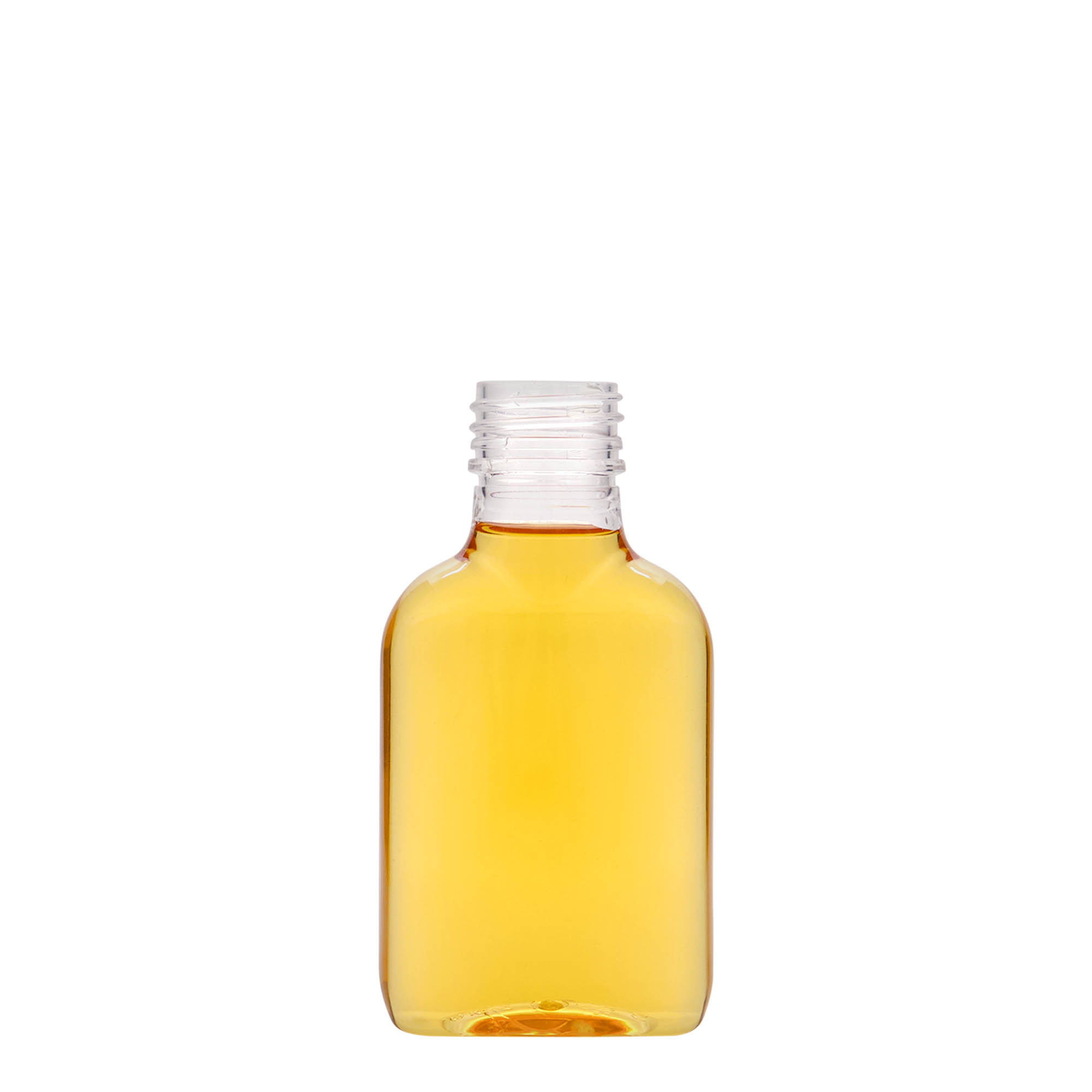 100 ml fickflaska, oval, PET-plast, mynning: PP 28