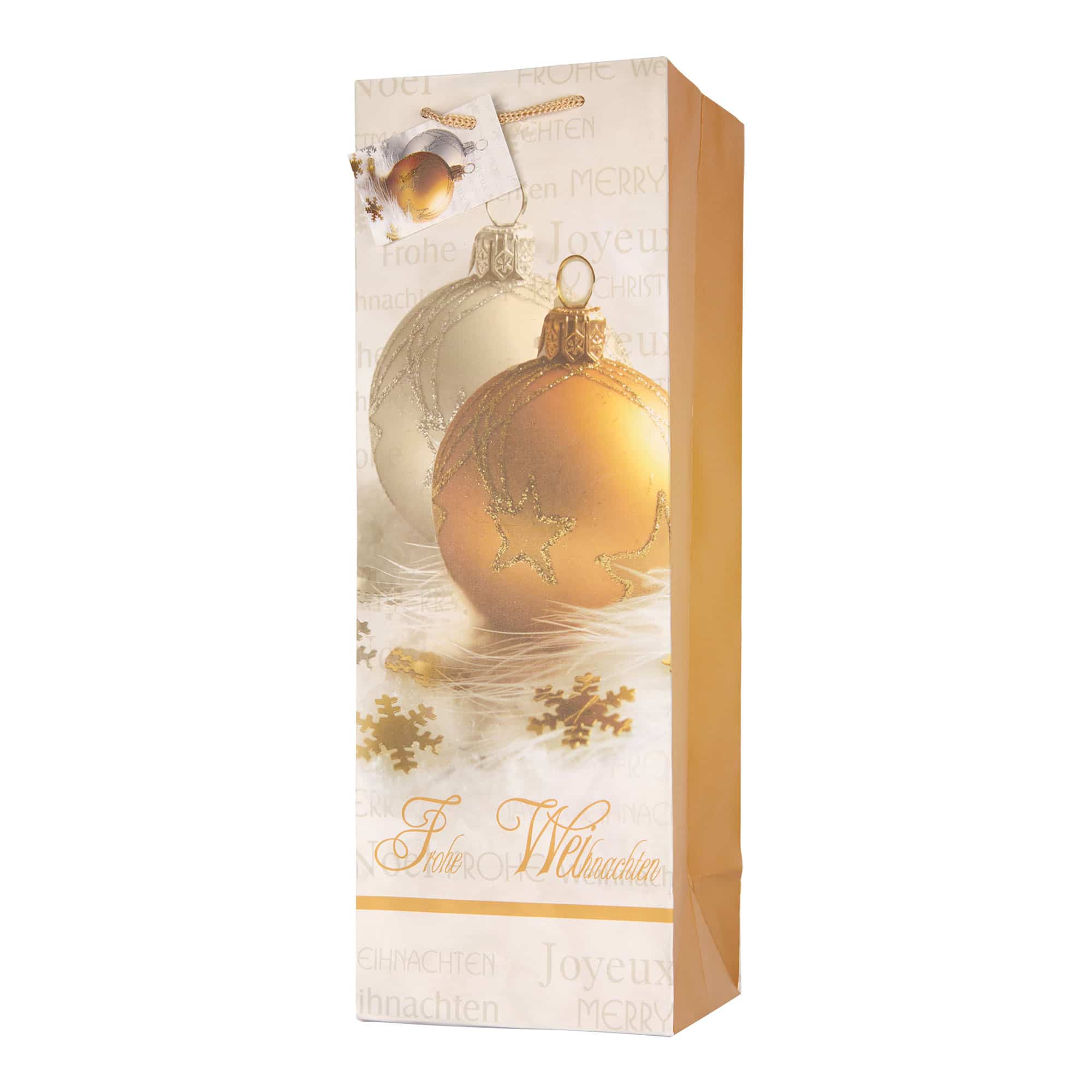 Presentpåse för flaska, motiv: God Jul, kvadratisk, papper, guld