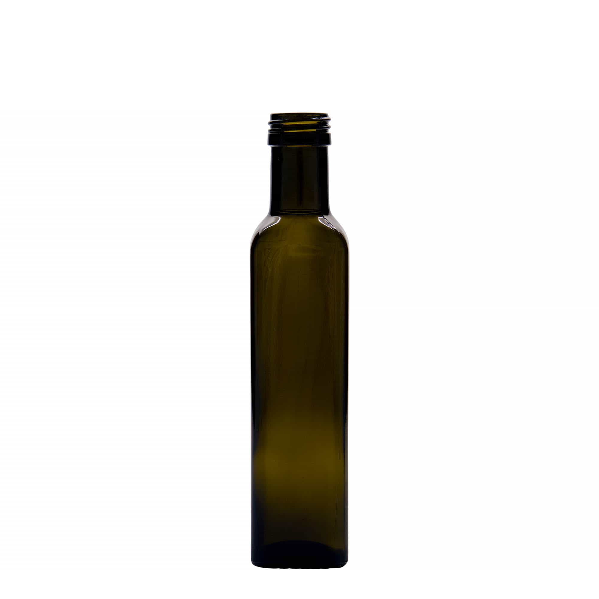 250 ml glasflaska 'Marasca', kvadratisk, antikgrön, mynning: PP 31,5 250 ml glasflaska 'Marasca', kvadratisk, antikgrön, mynning: PP 31,5