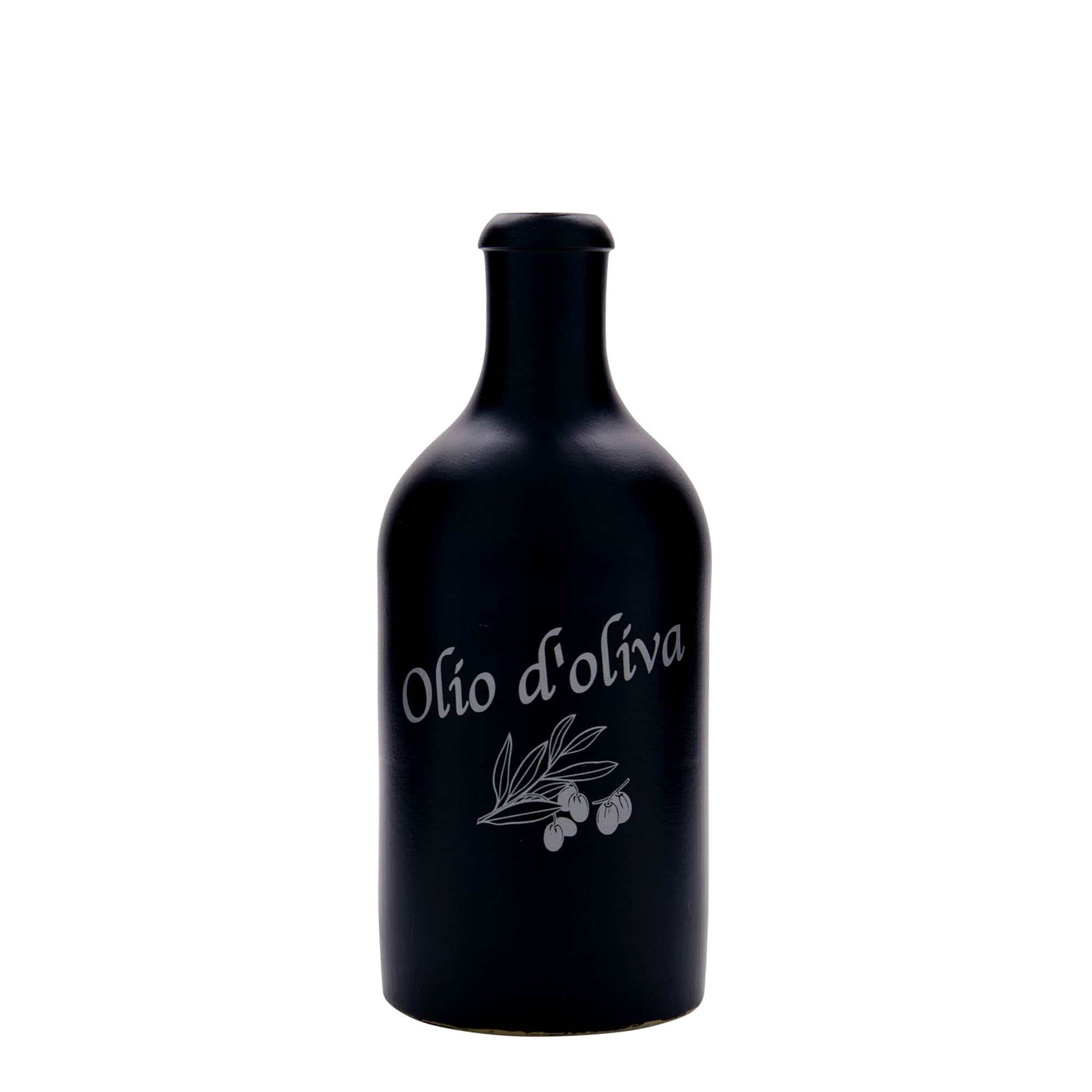 500 ml lerkrus, motiv: Olio d'Oliva, stengods, svart, mynning: kork