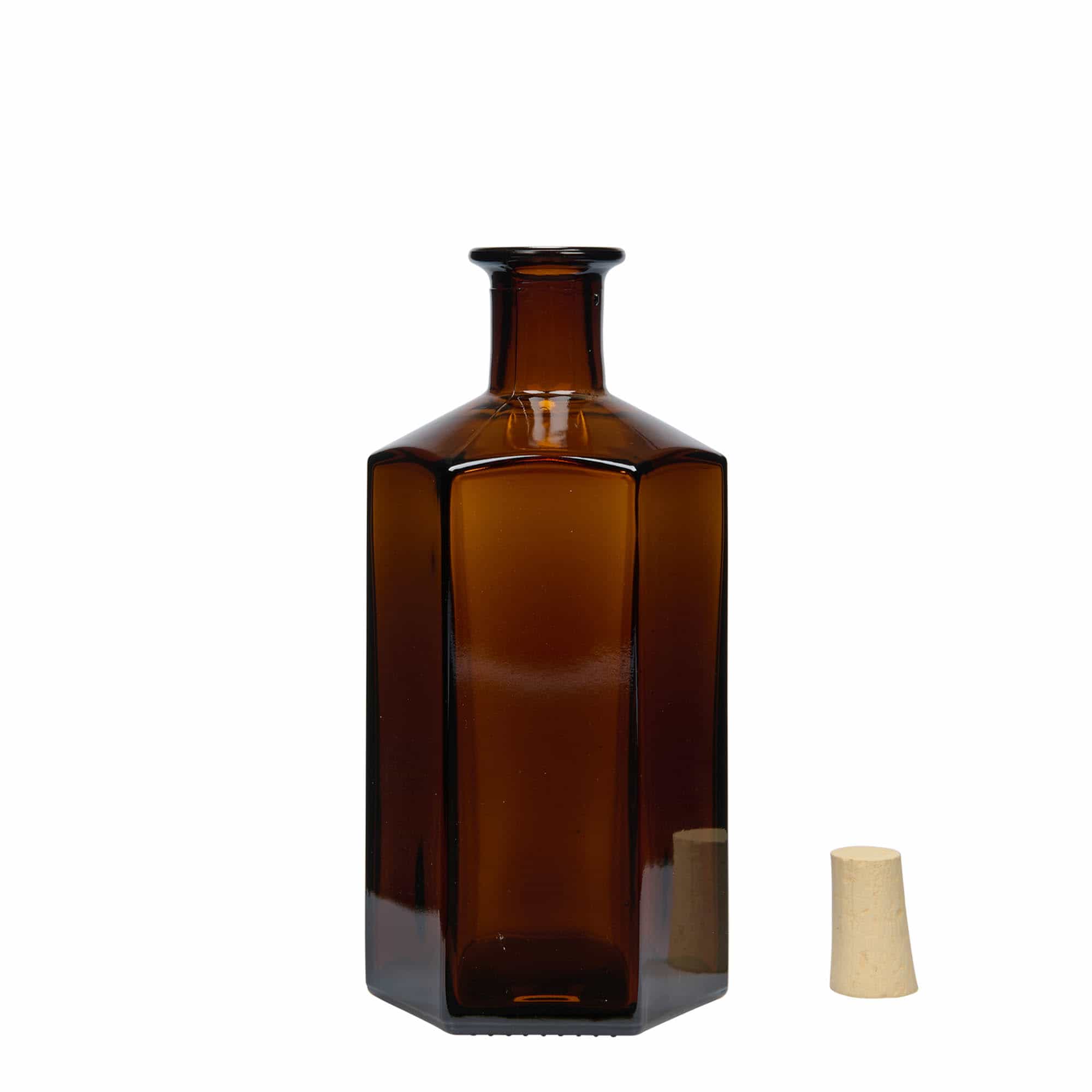 500 ml apoteksglasflaska 'Jimmy'. sexkantig. brun. mynning: kork