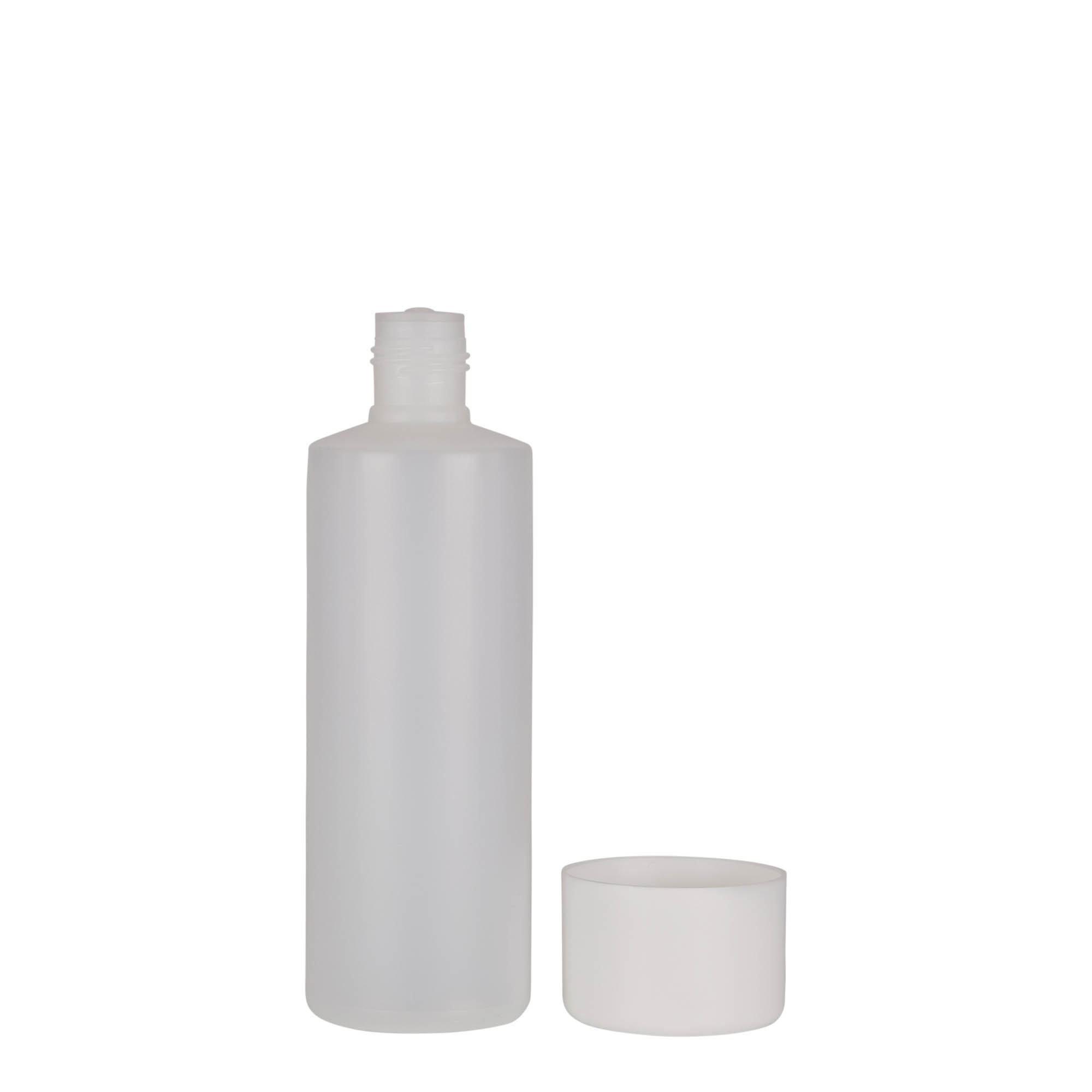 200 ml rund flaska, PE-plast, natur, öppning: skruvlock