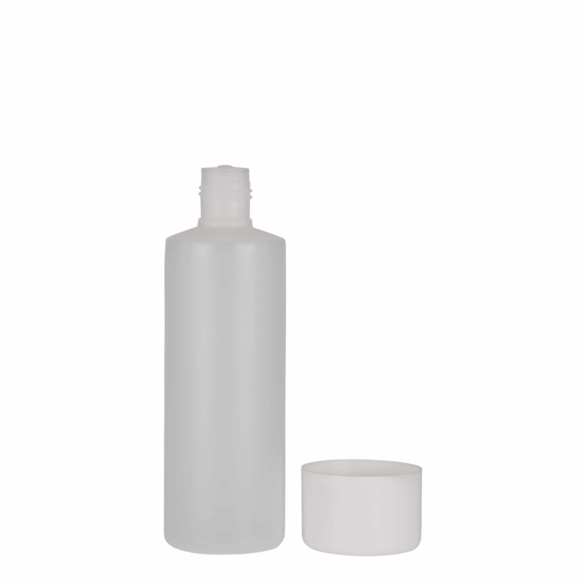 200 ml rund flaska, PE-plast, natur, öppning: skruvlock