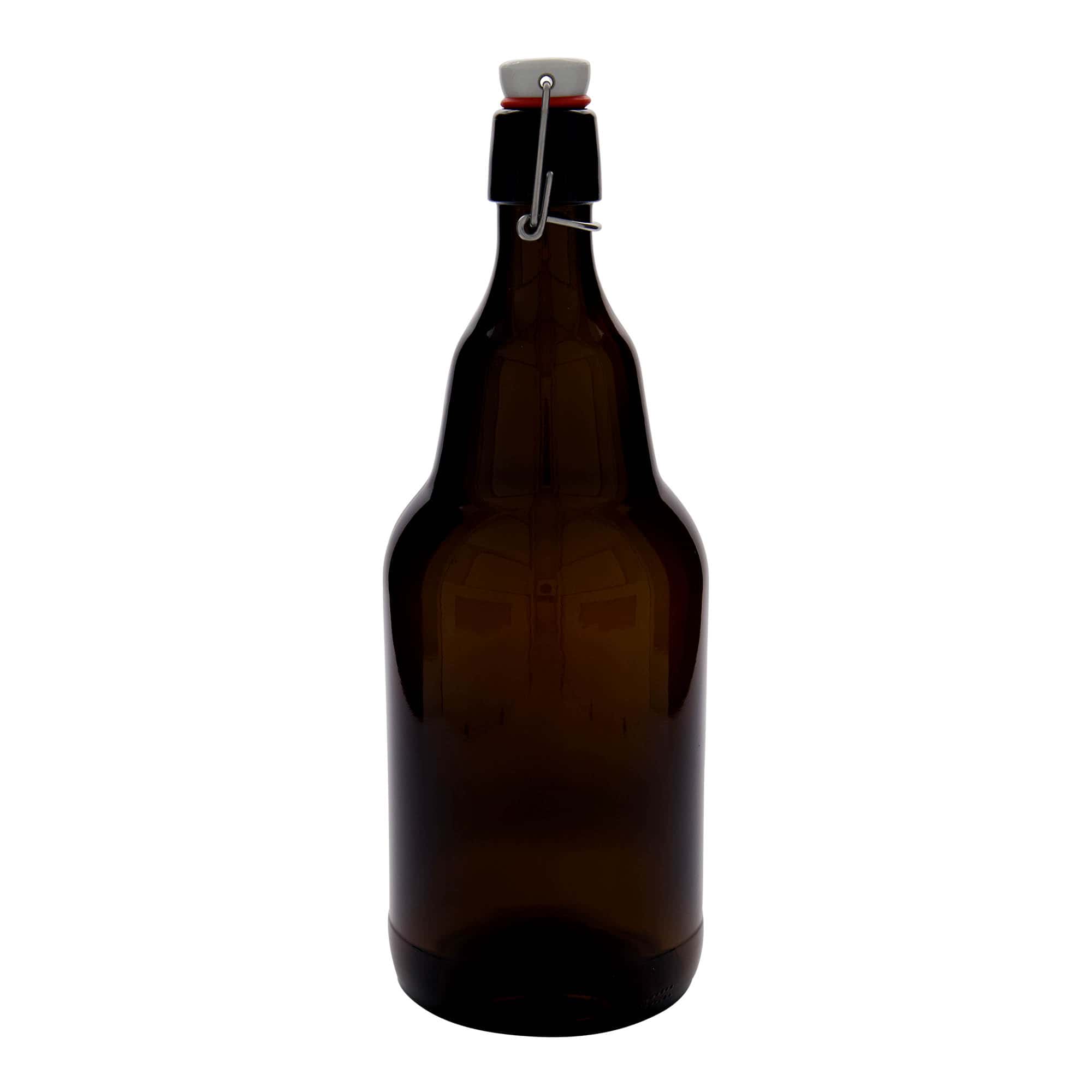 2.000 ml ölflaska, glas, brun, öppning: patentkork