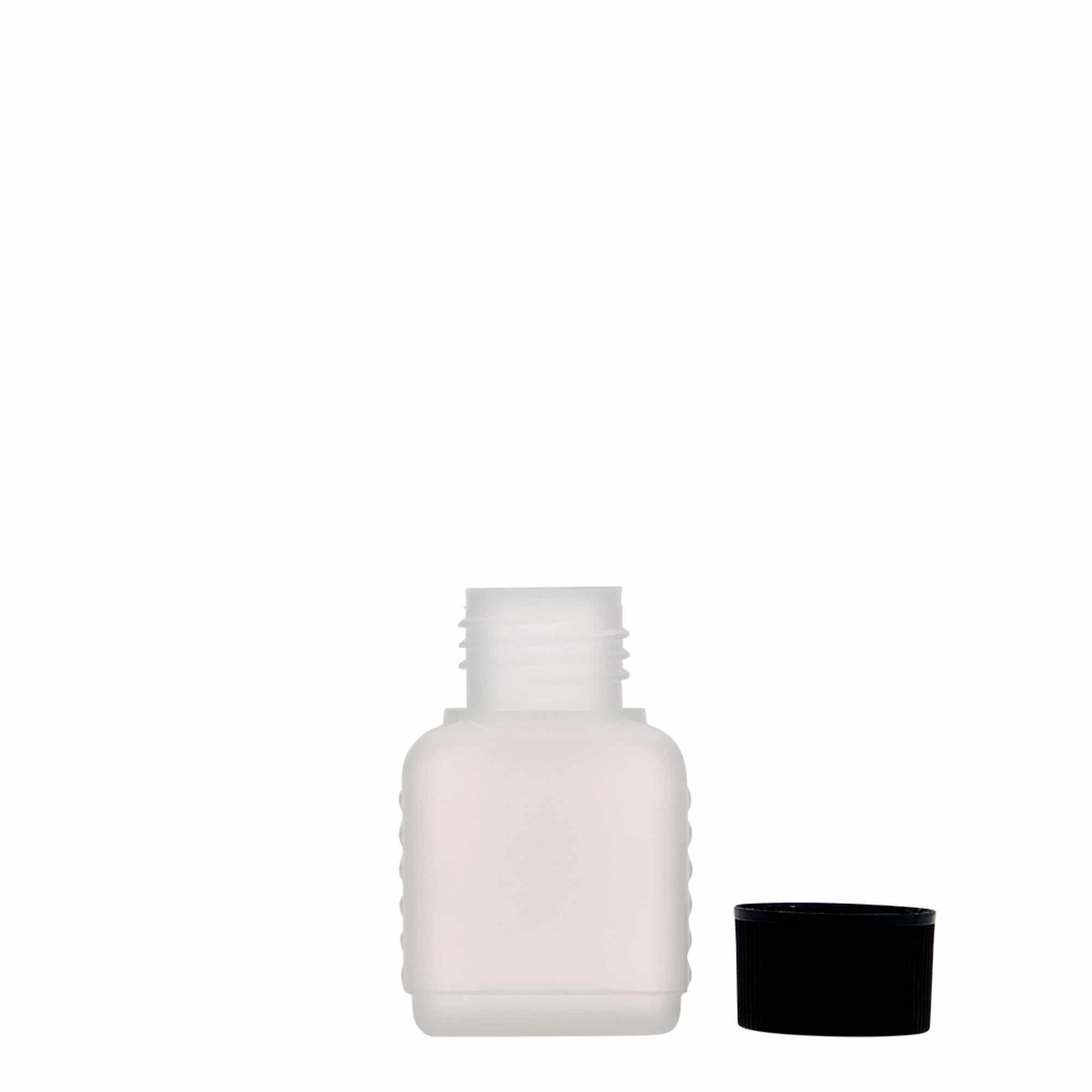50 ml dunkflaska, rektangulär, HDPE-plast, natur, mynning: DIN 25