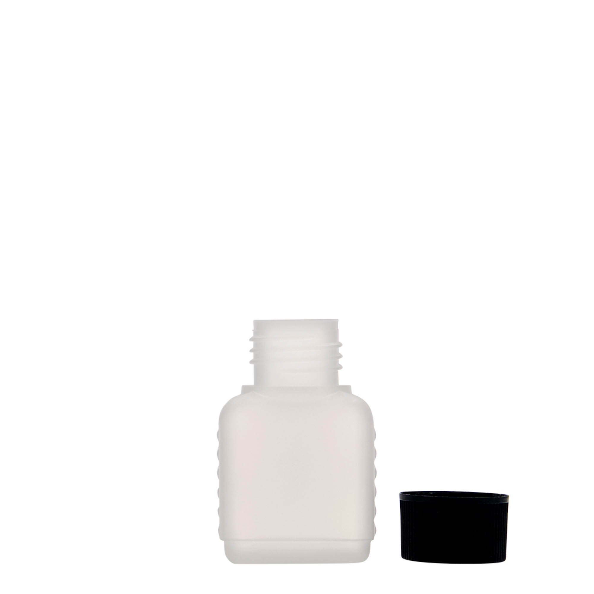 50 ml kanisterflaska, rektangulär, HDPE-plast, natur, öppning: DIN 25