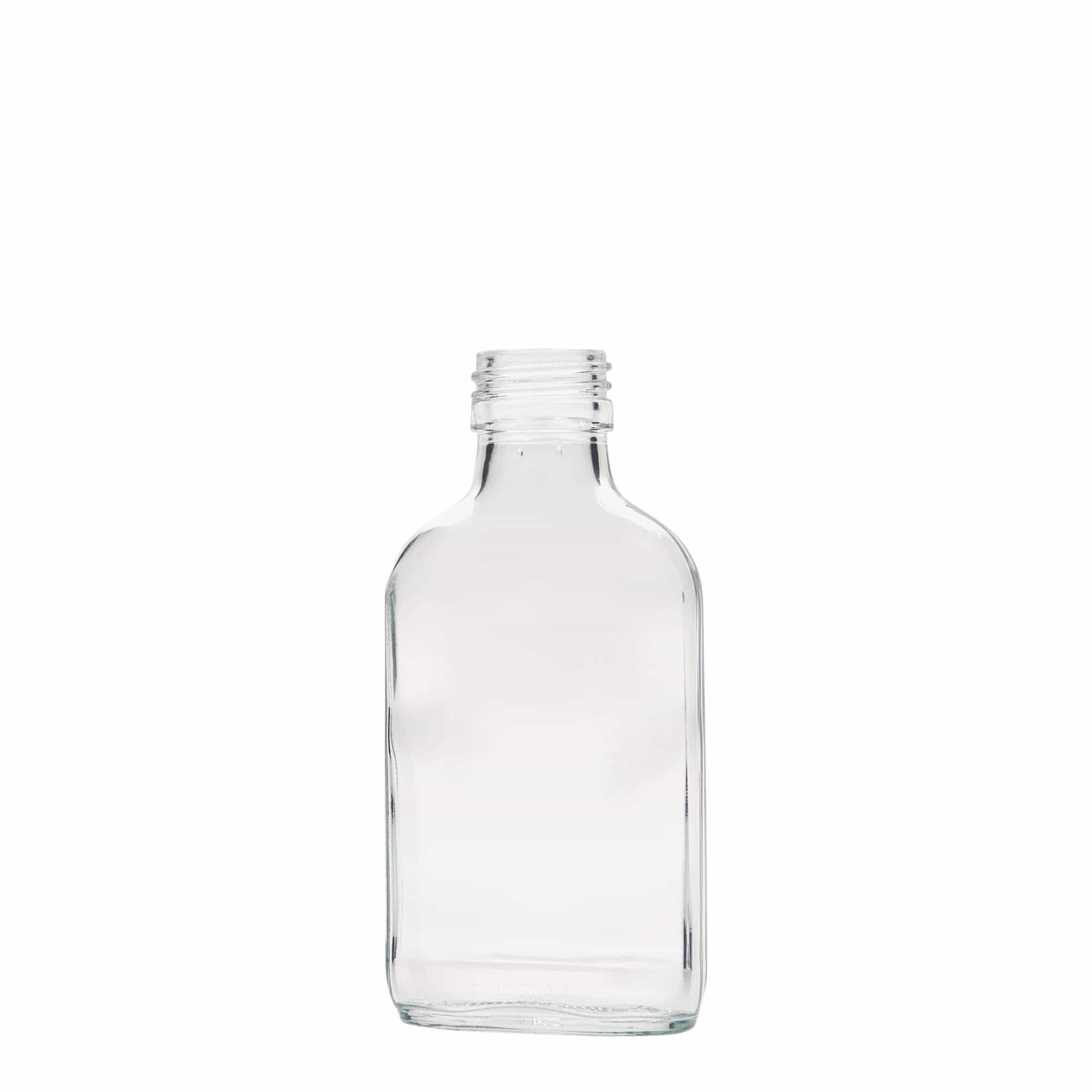 100 ml fickflaska, rektangulär, glas, öppning: PP 28