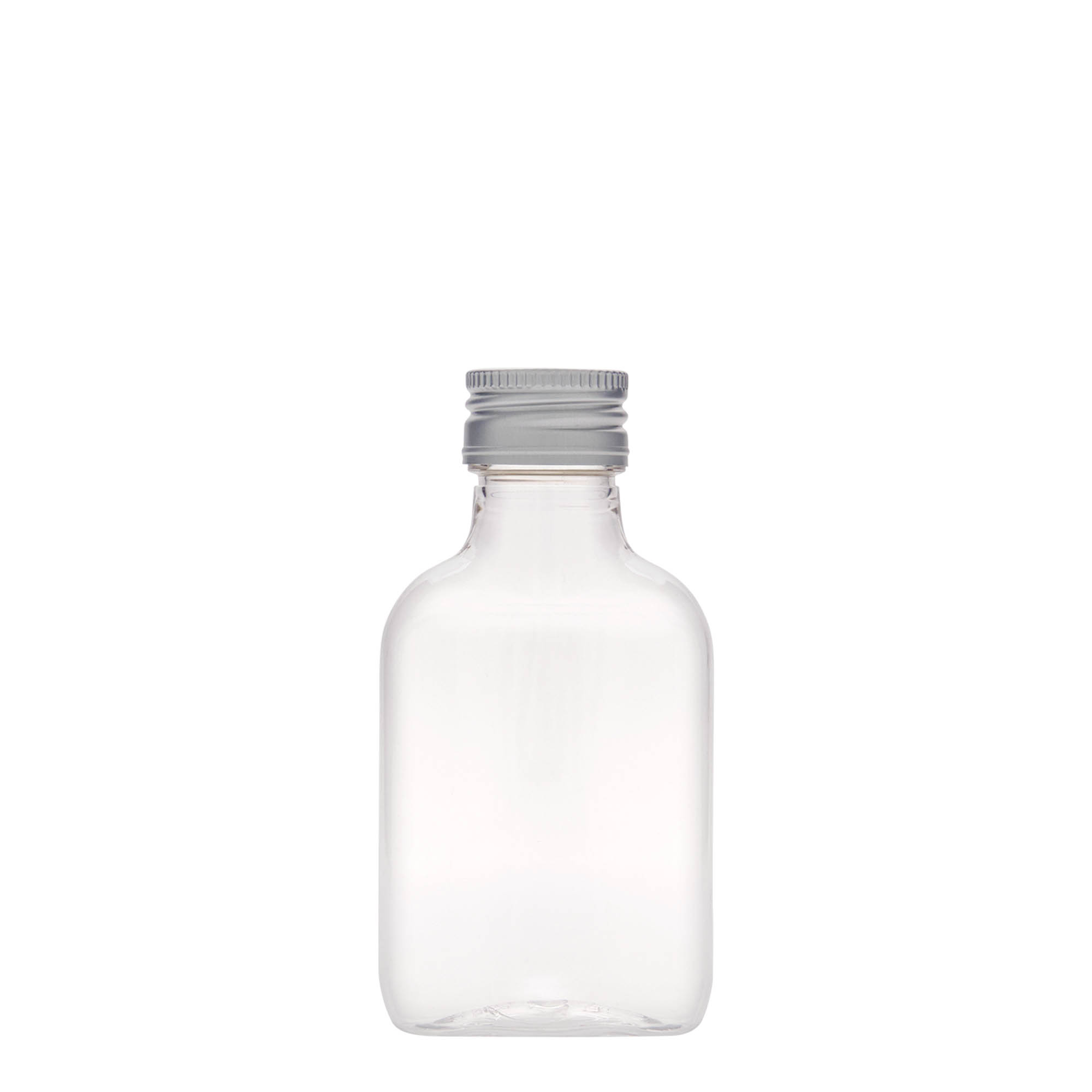 100 ml fickflaska, oval, PET-plast, mynning: PP 28