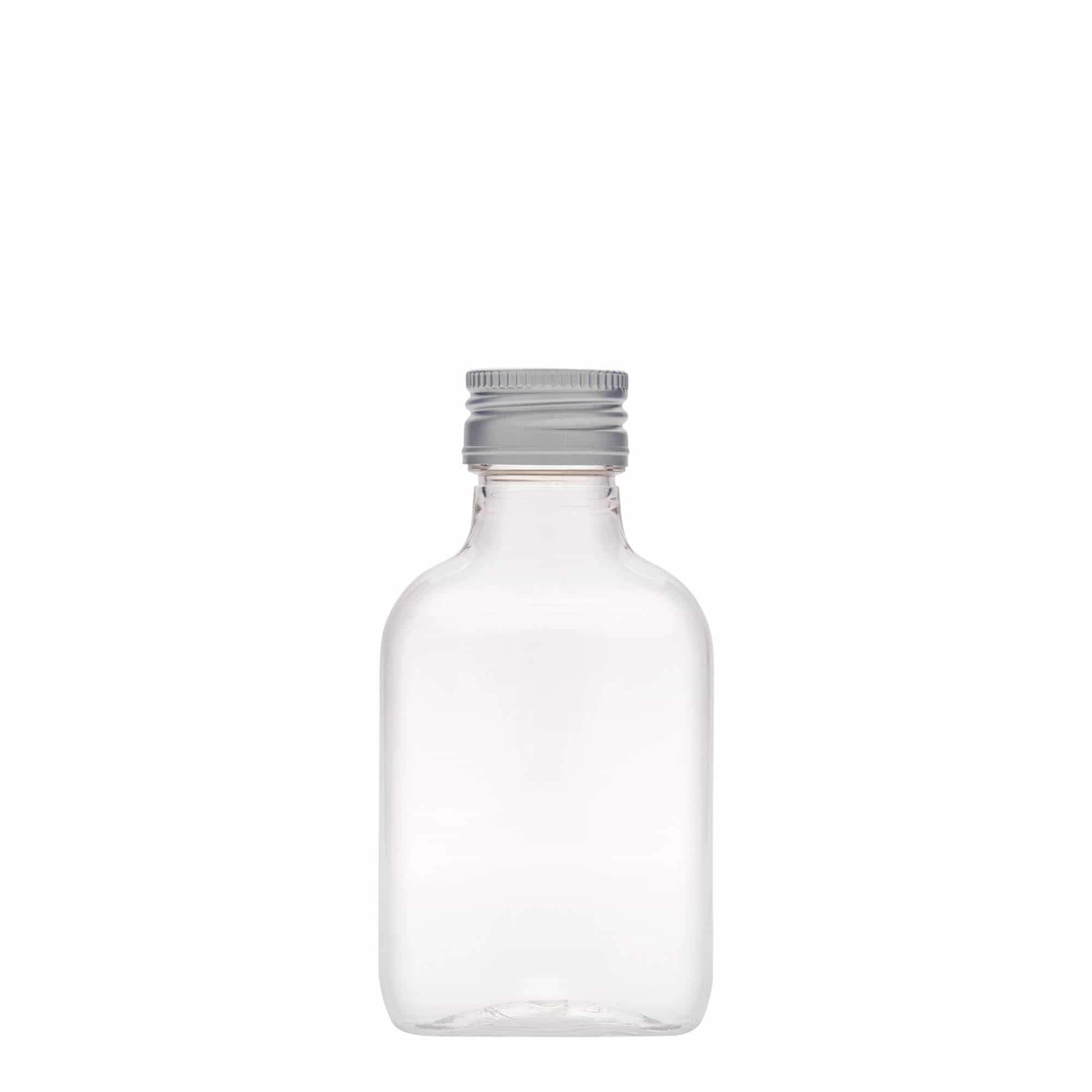 100 ml fickflaska, oval, PET-plast, mynning: PP 28