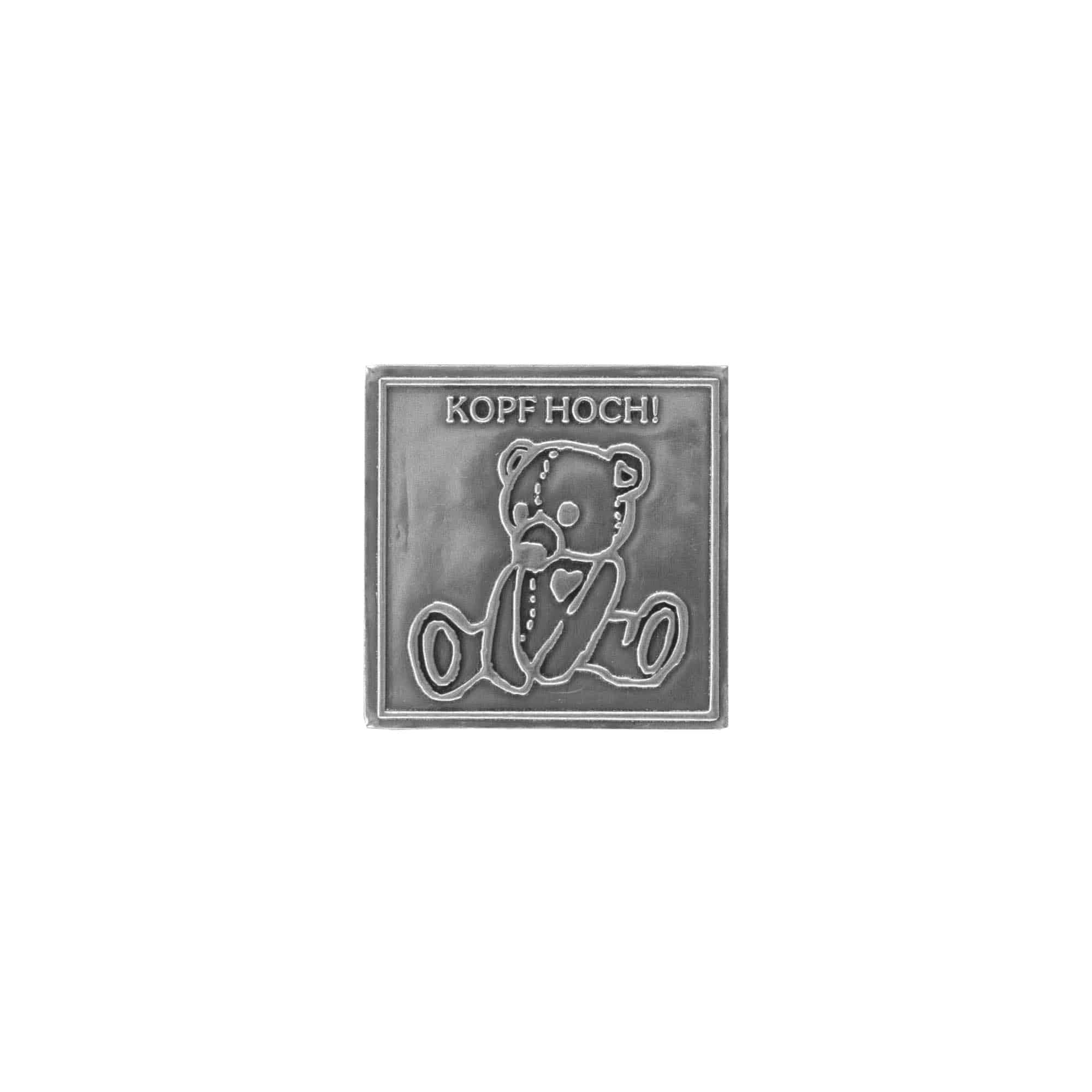 Tennetikett 'Håll huvudet högt', kvadratisk, metall, silver