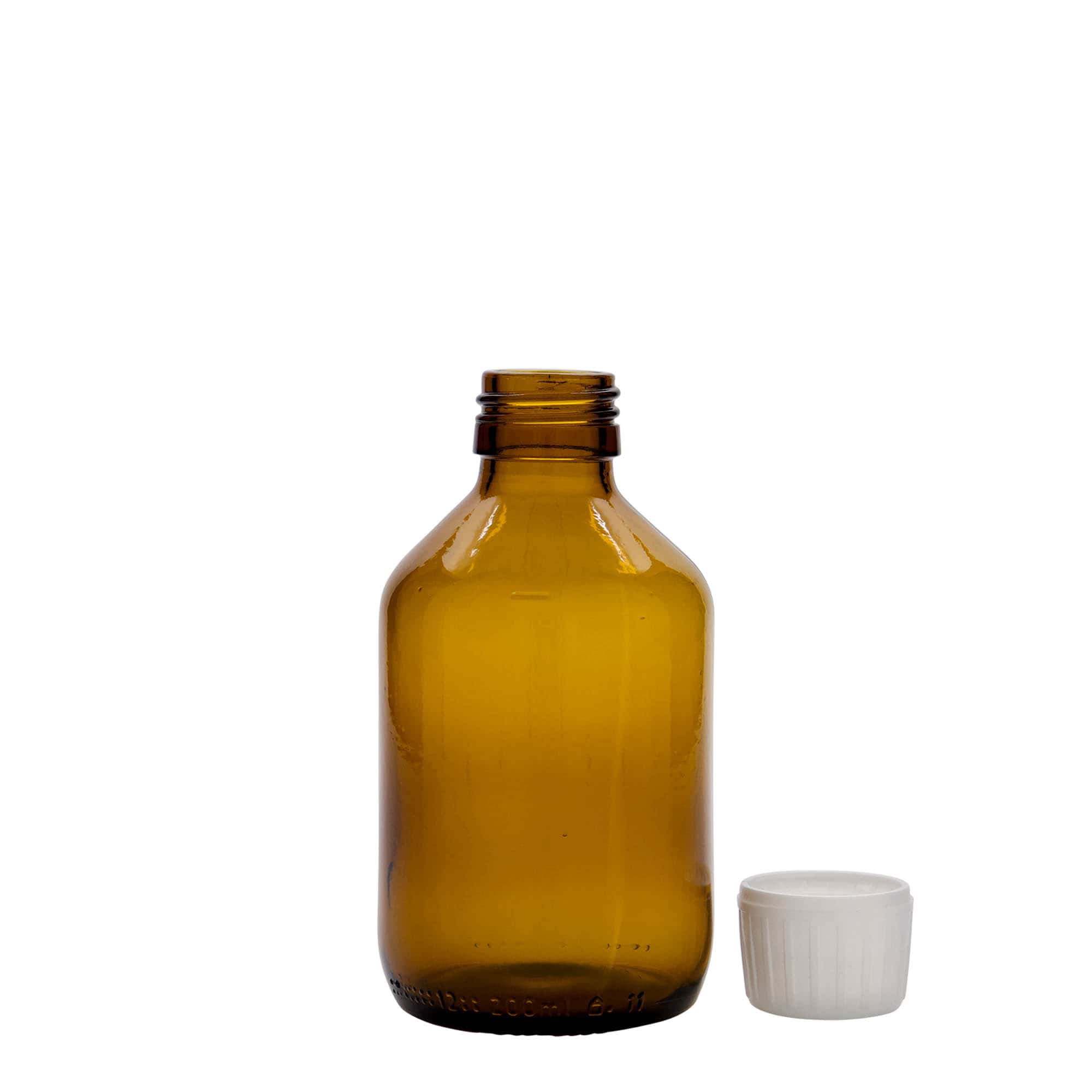 200 ml medicinflaska, brun, glas, öppning: PP 28