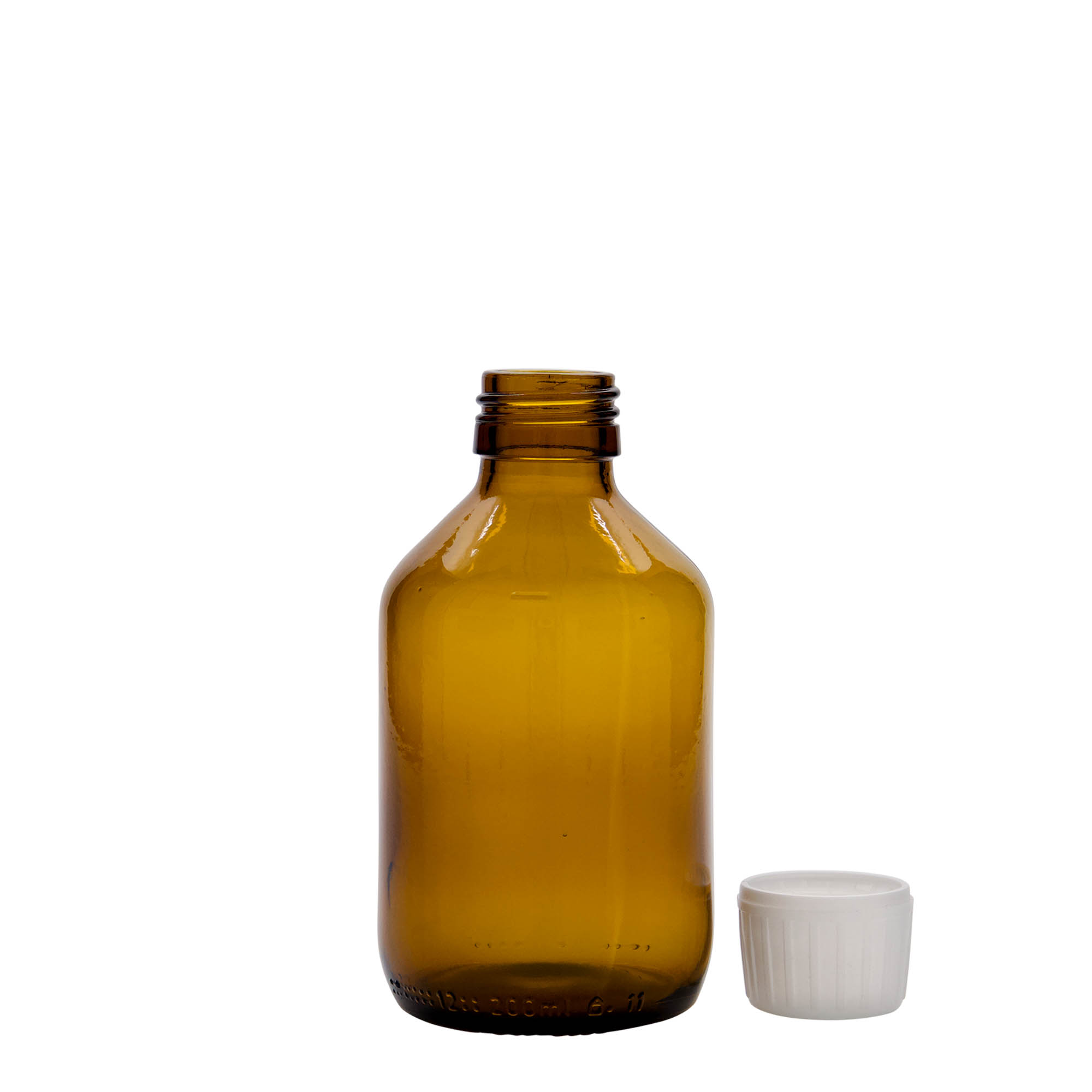 200 ml medicinflaska, brun, glas, öppning: PP 28