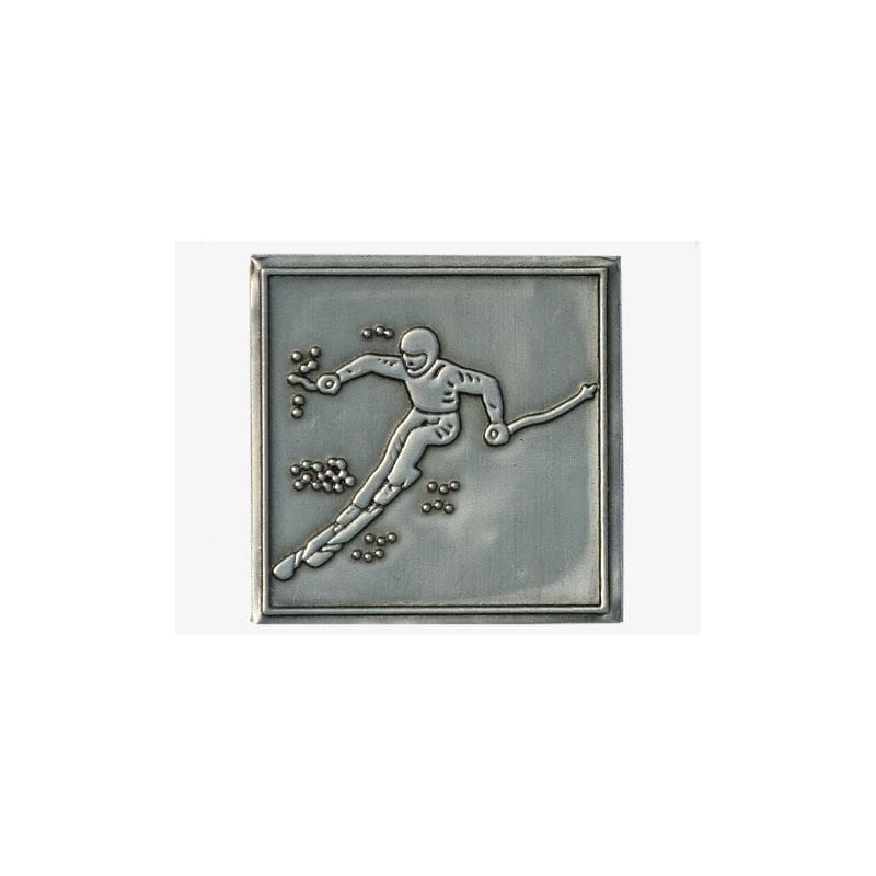 Tennetikett 'Avfärd', kvadratiskt, metall, silver