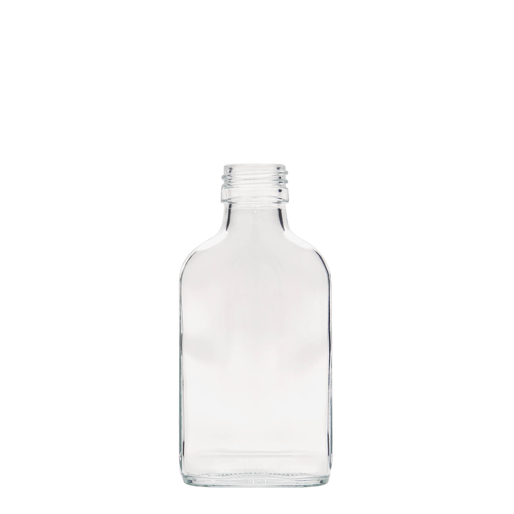100 ml fickflaska, rektangulär, glas, öppning: PP 28