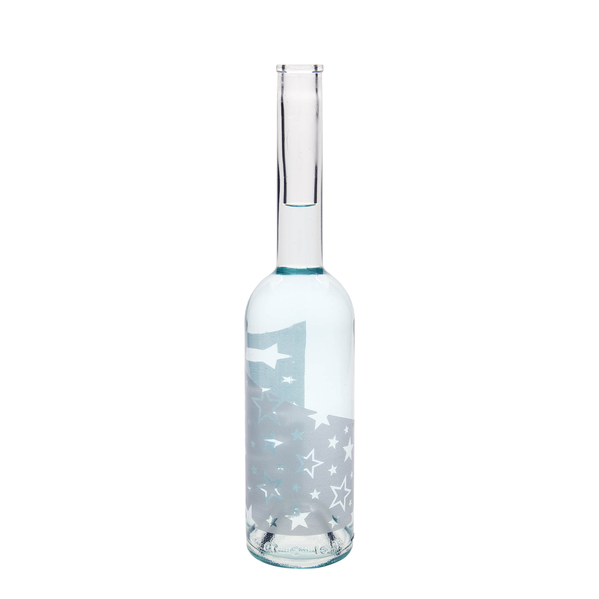 500 ml glasflaska 'Opera', motiv: silverstjärnor, mynning: kork