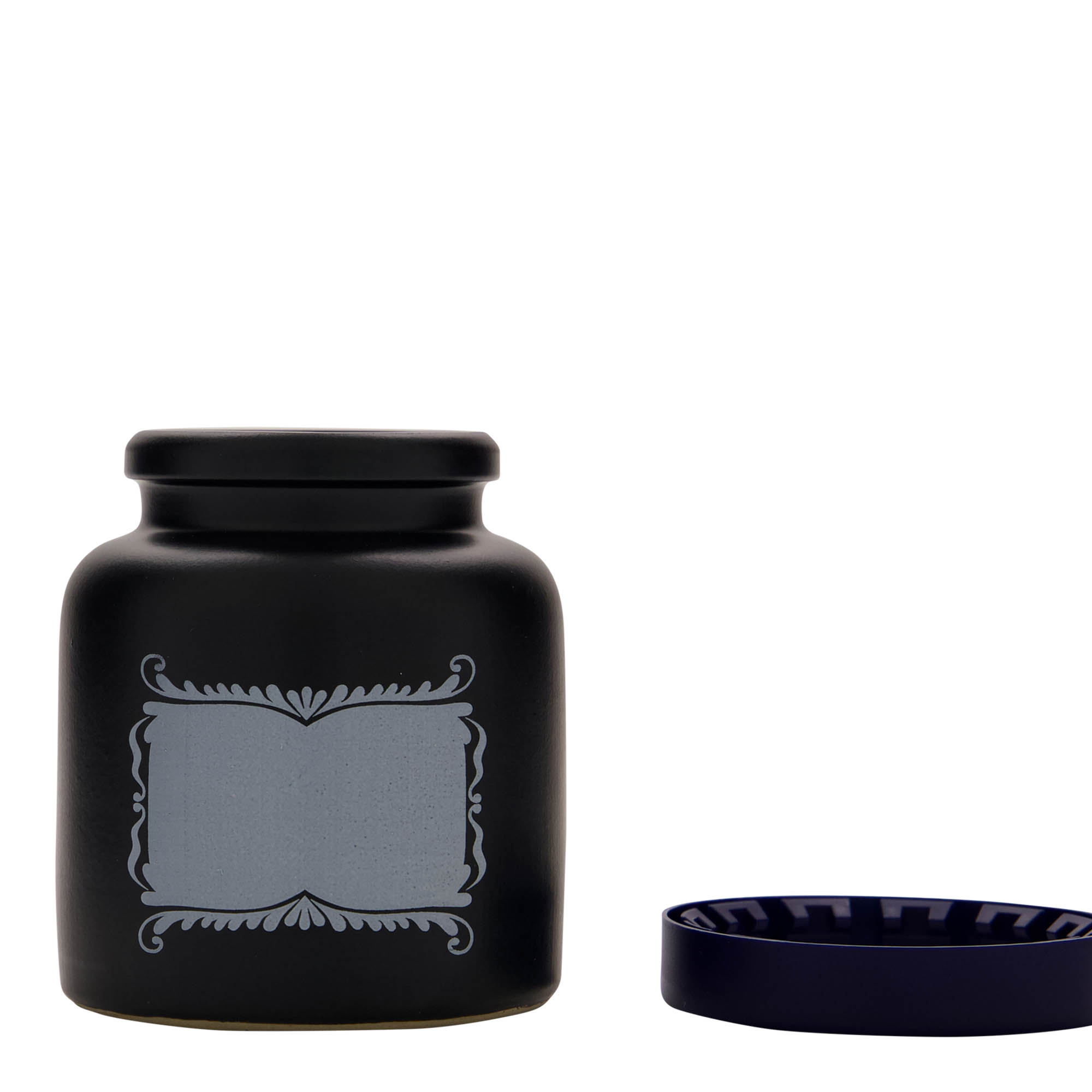 270 ml stengodskrukka, motiv: etikettfält, keramik, svart, mynning: påklämd lock