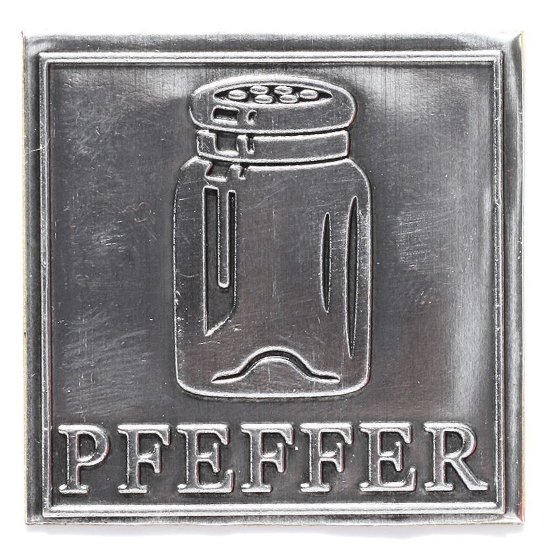 Tennetikett 'Peppar', kvadratisk, metall, silver