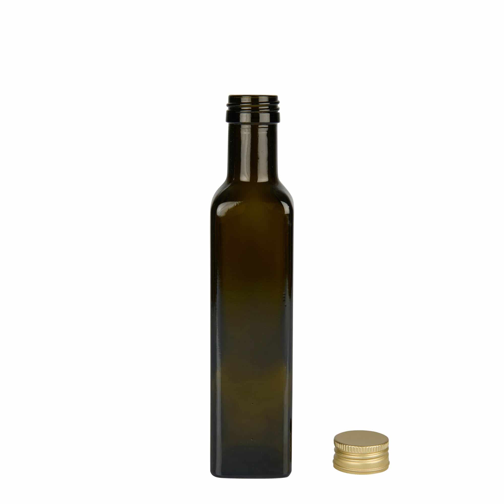 250 ml glasflaska 'Marasca', kvadratisk, antikgrön, mynning: PP 31,5