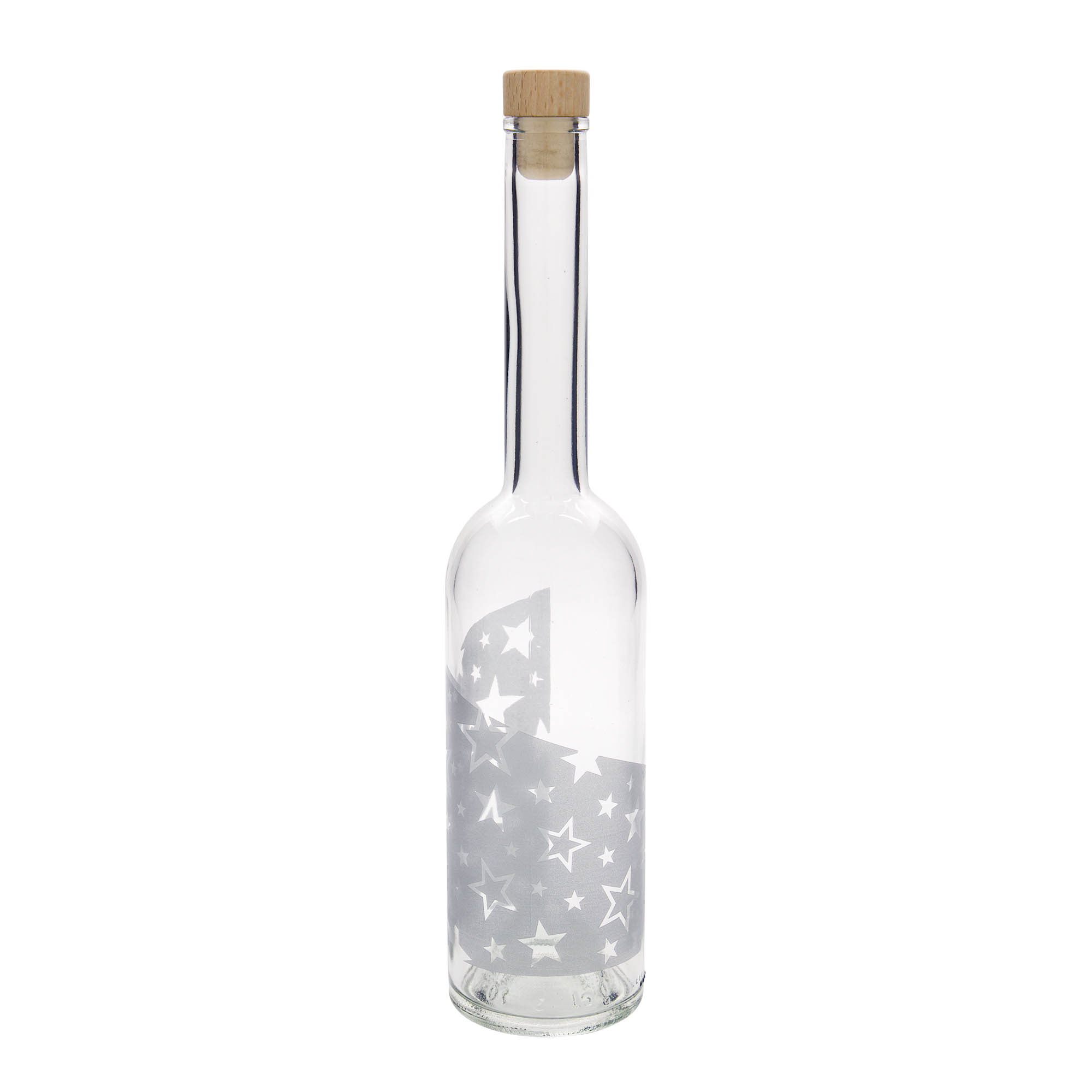 500 ml glasflaska 'Opera', motiv: silverstjärnor, mynning: kork