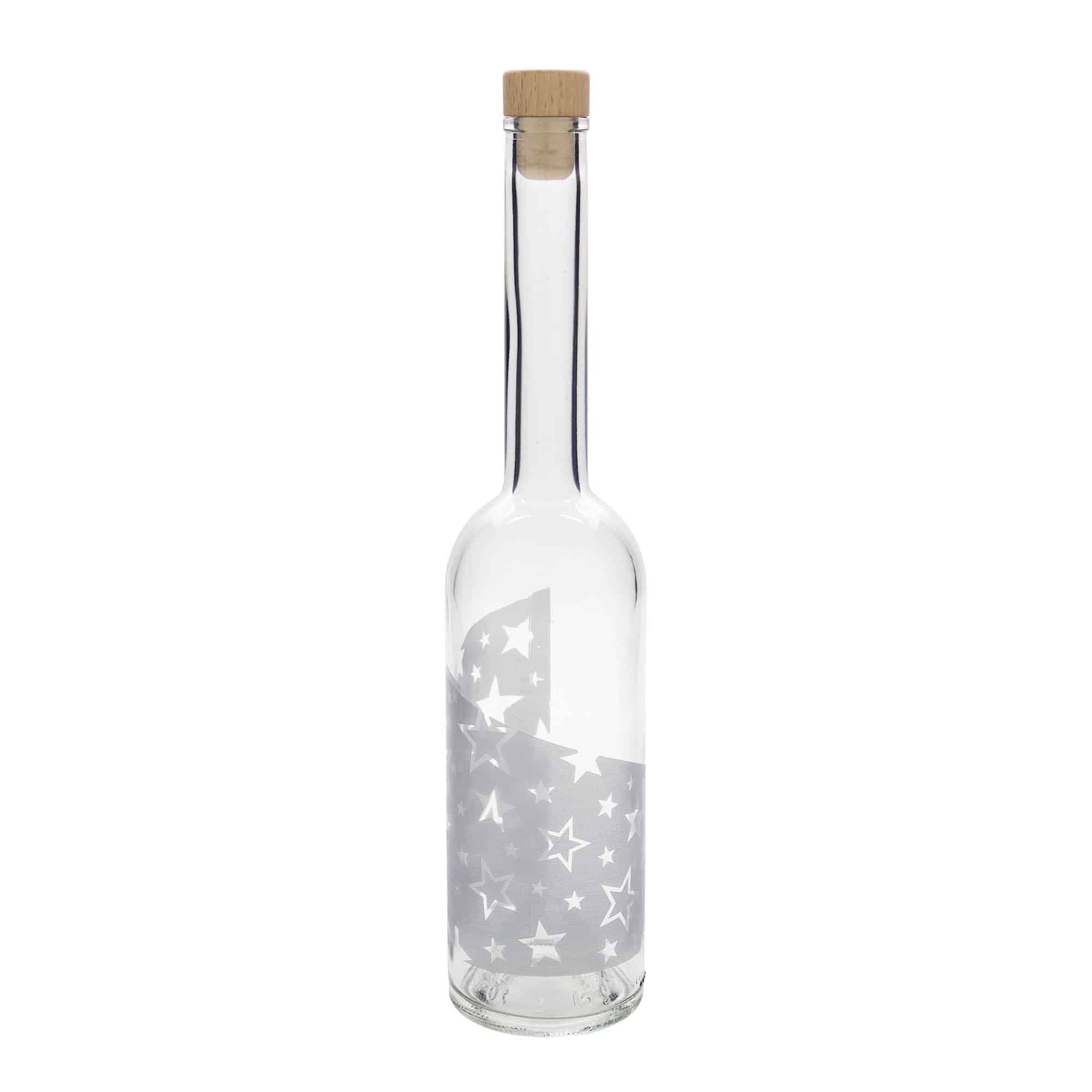 500 ml glasflaska 'Opera', motiv: silverstjärnor, mynning: kork