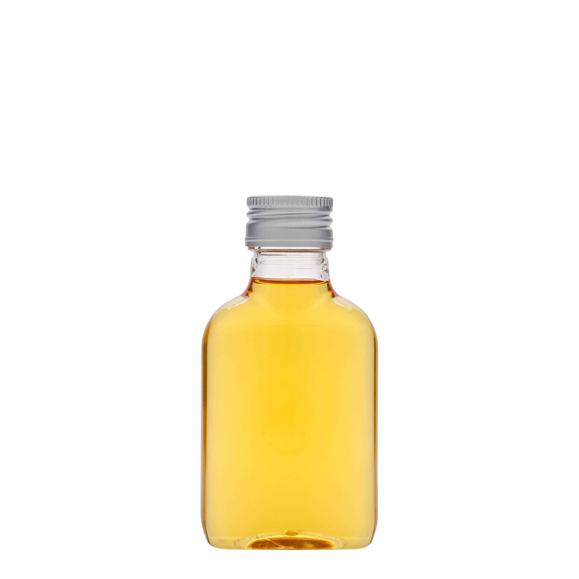 100 ml fickflaska, oval, PET-plast, mynning: PP 28
