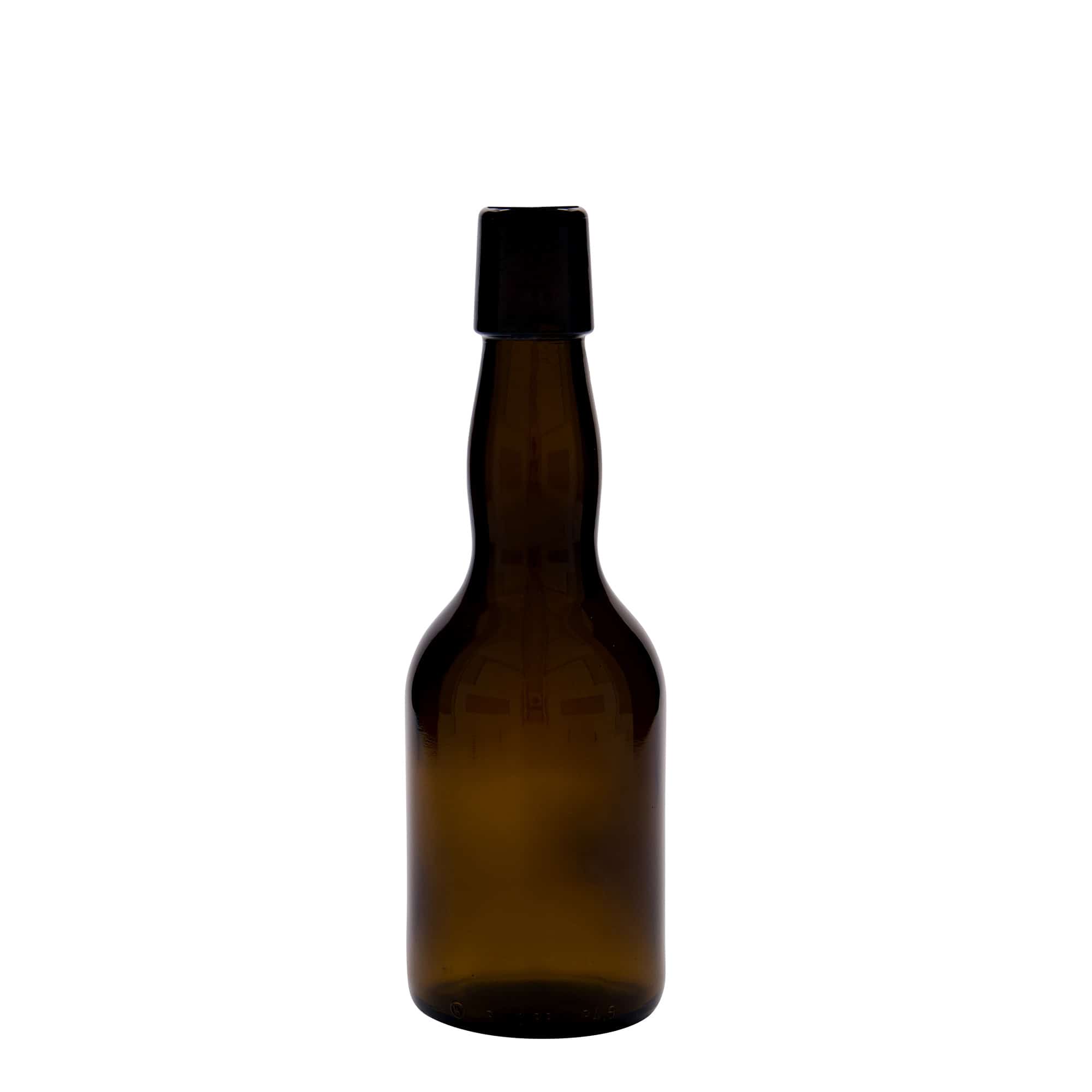 330 ml ölflaska krökt hals, glas, brun, mynning: patentkork