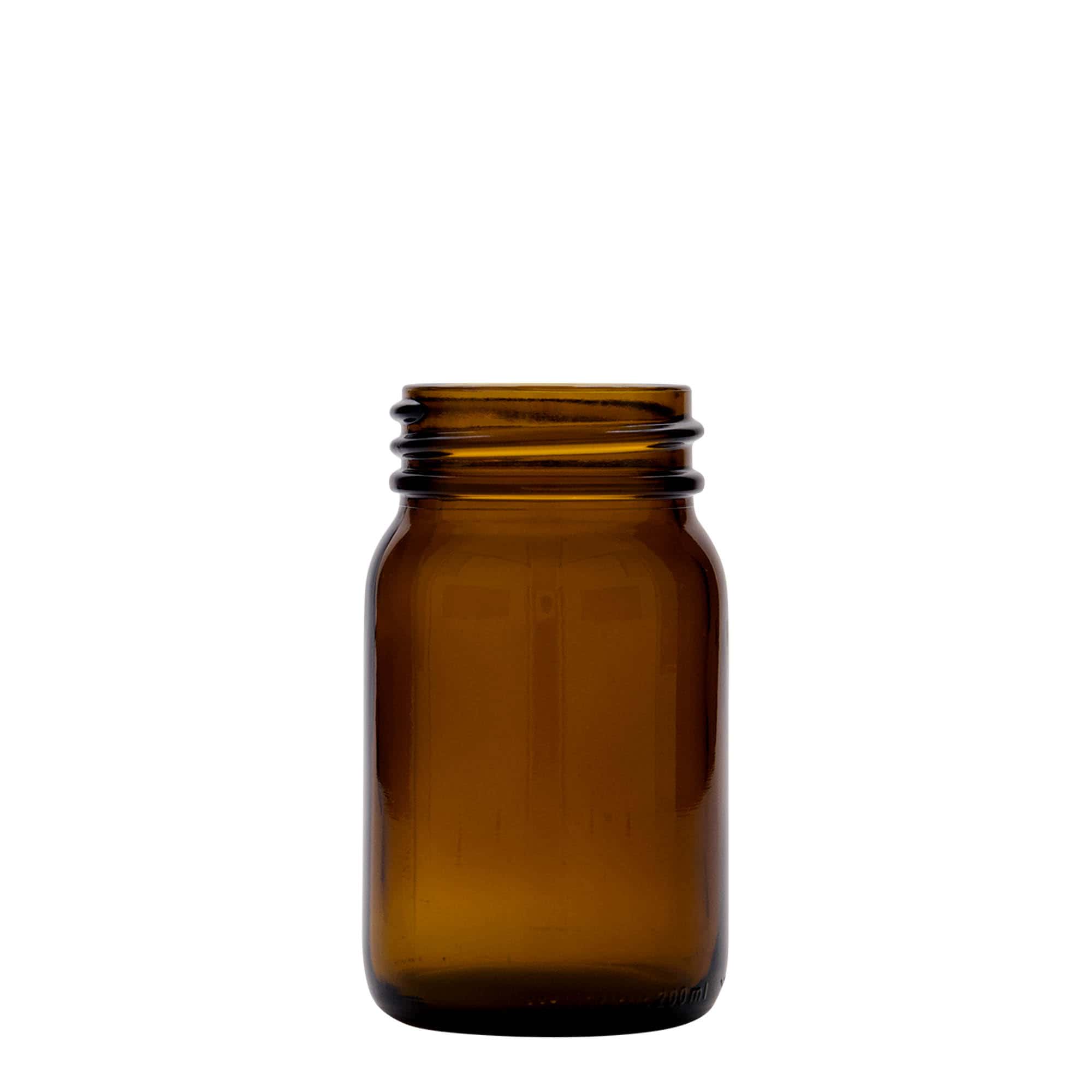 200 ml vid hals, brunt glas, mynning: DIN 55