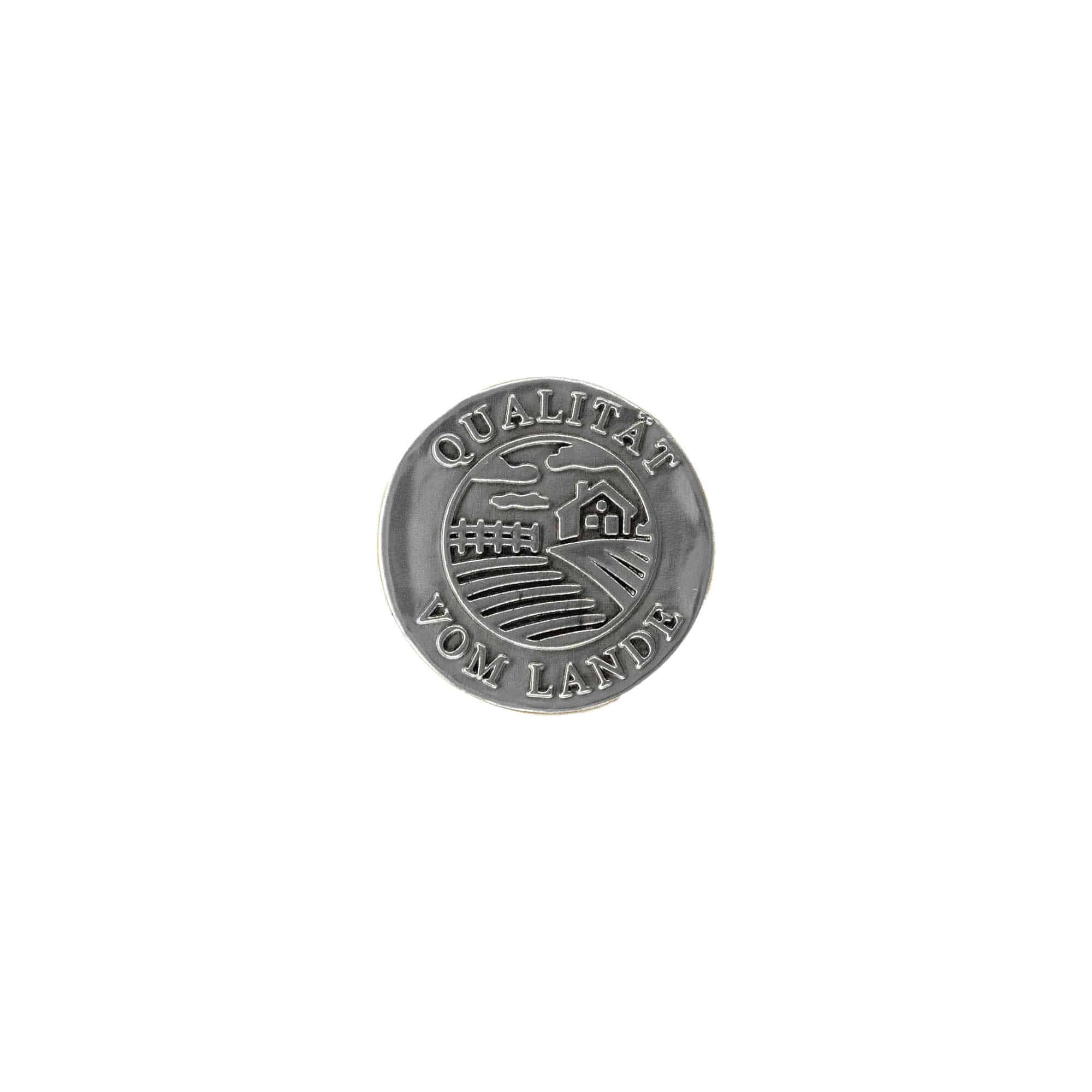 Tennetikett 'Biokvalitet', rund, metall, silver Tennetikett 'Biokvalitet', rund, metall, silver