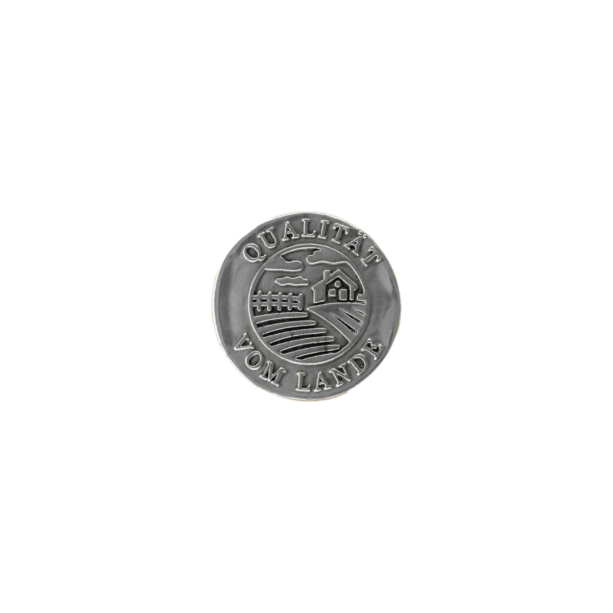Tennetikett 'Kvalitet från landet', rund, metall, silver