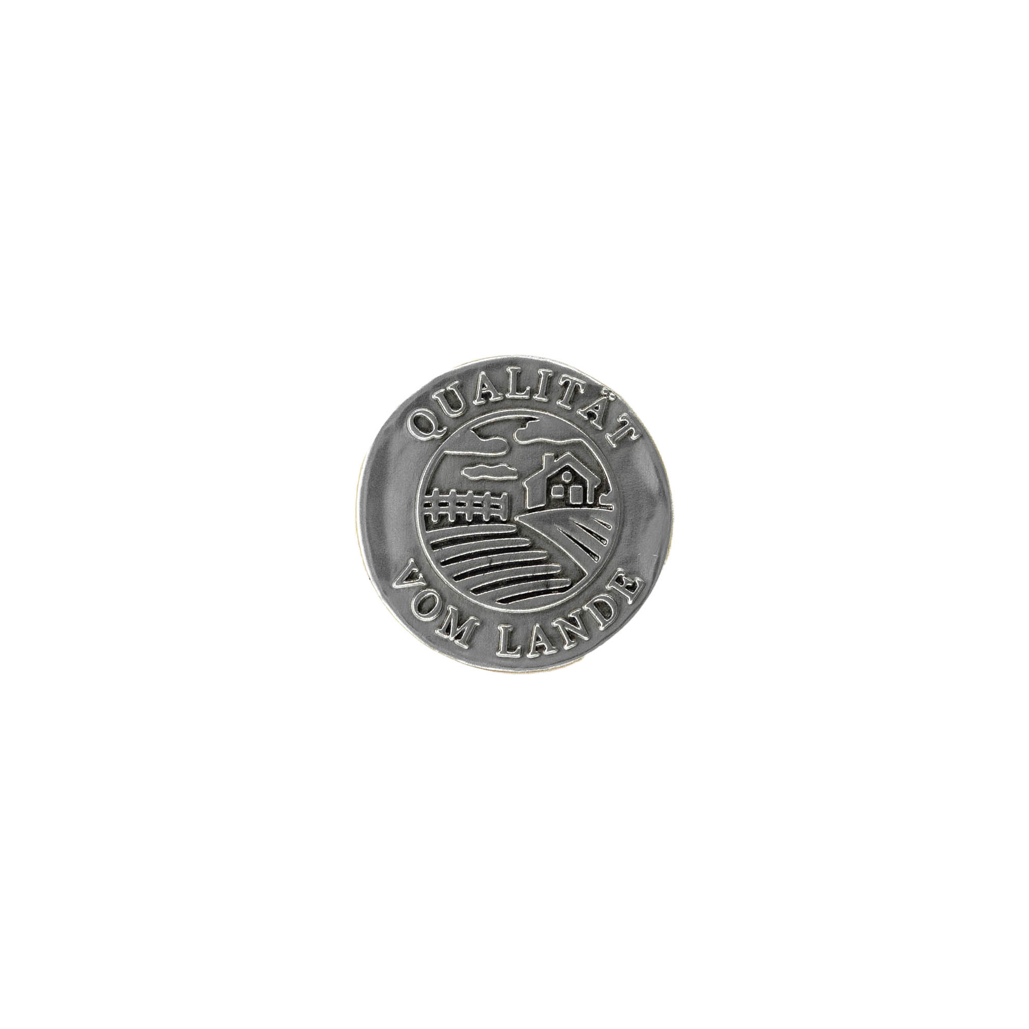 Tennetikett 'Kvalitet från landet', rund, metall, silver Tennetikett 'Kvalitet från landet', rund, metall, silver
