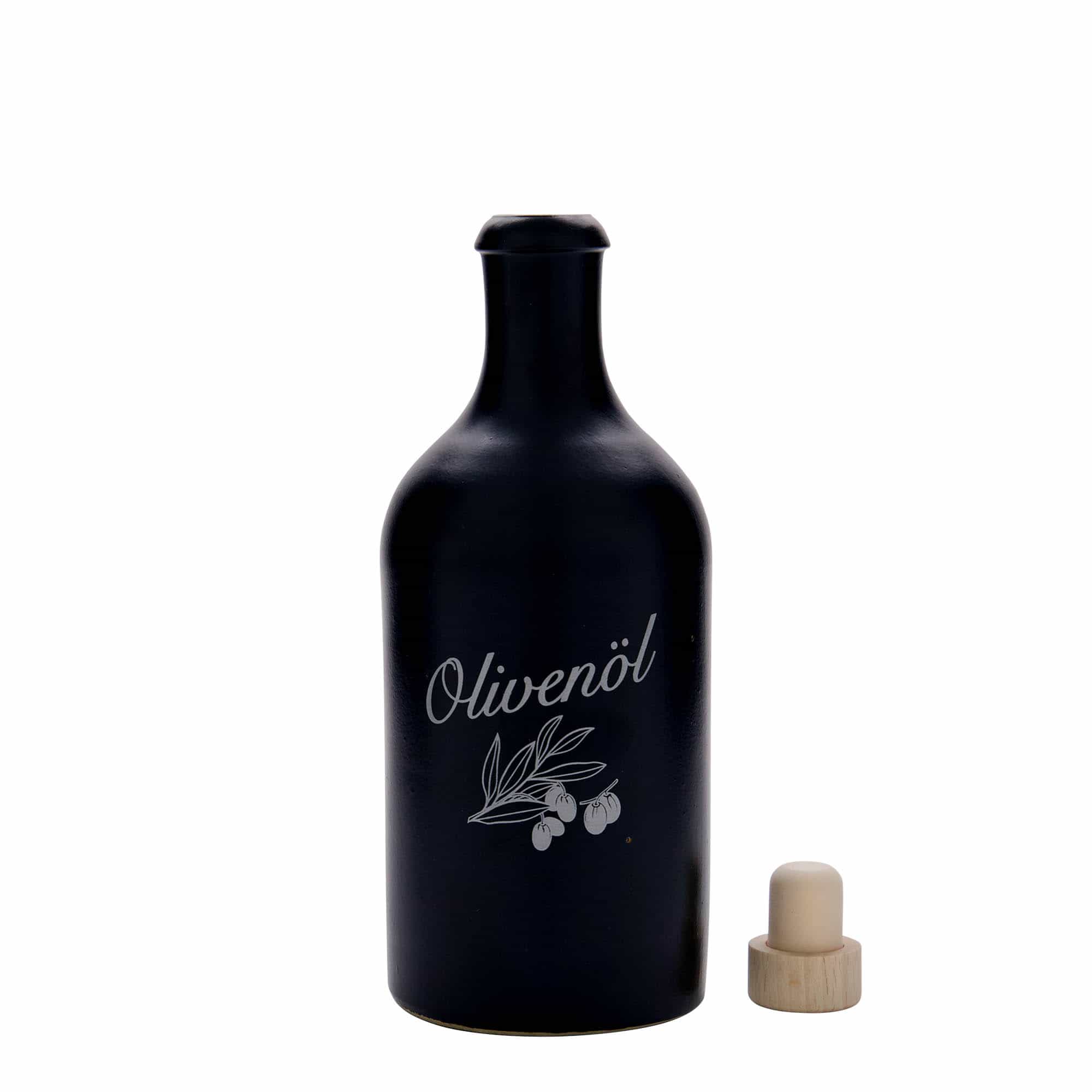 500 ml lerkrus, motiv: olivolja, stengods, svart, mynning: kork