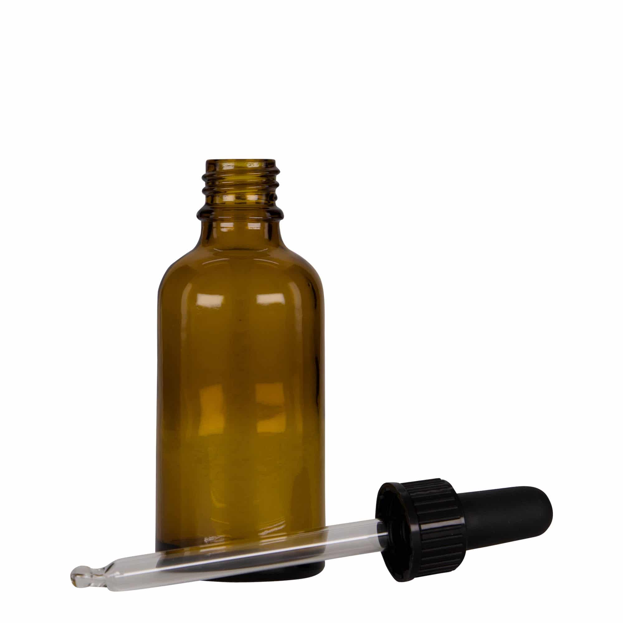 50 ml flaska med pipett, medicin, glas, brun-svart, mynning: DIN 18