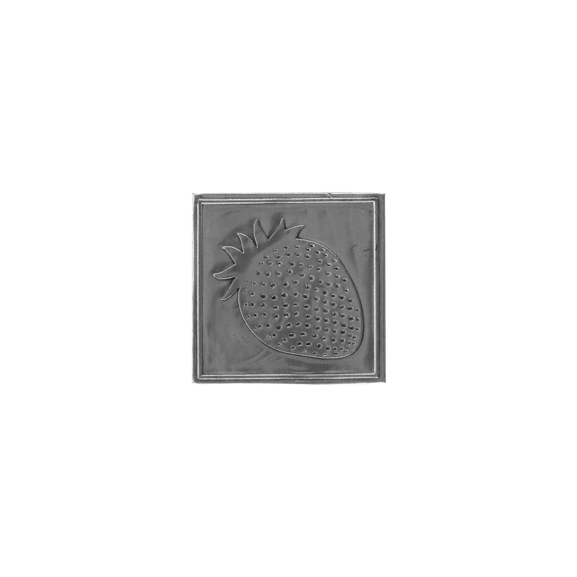 Tennetikett 'Jordgubbe', kvadratisk, metall, silver