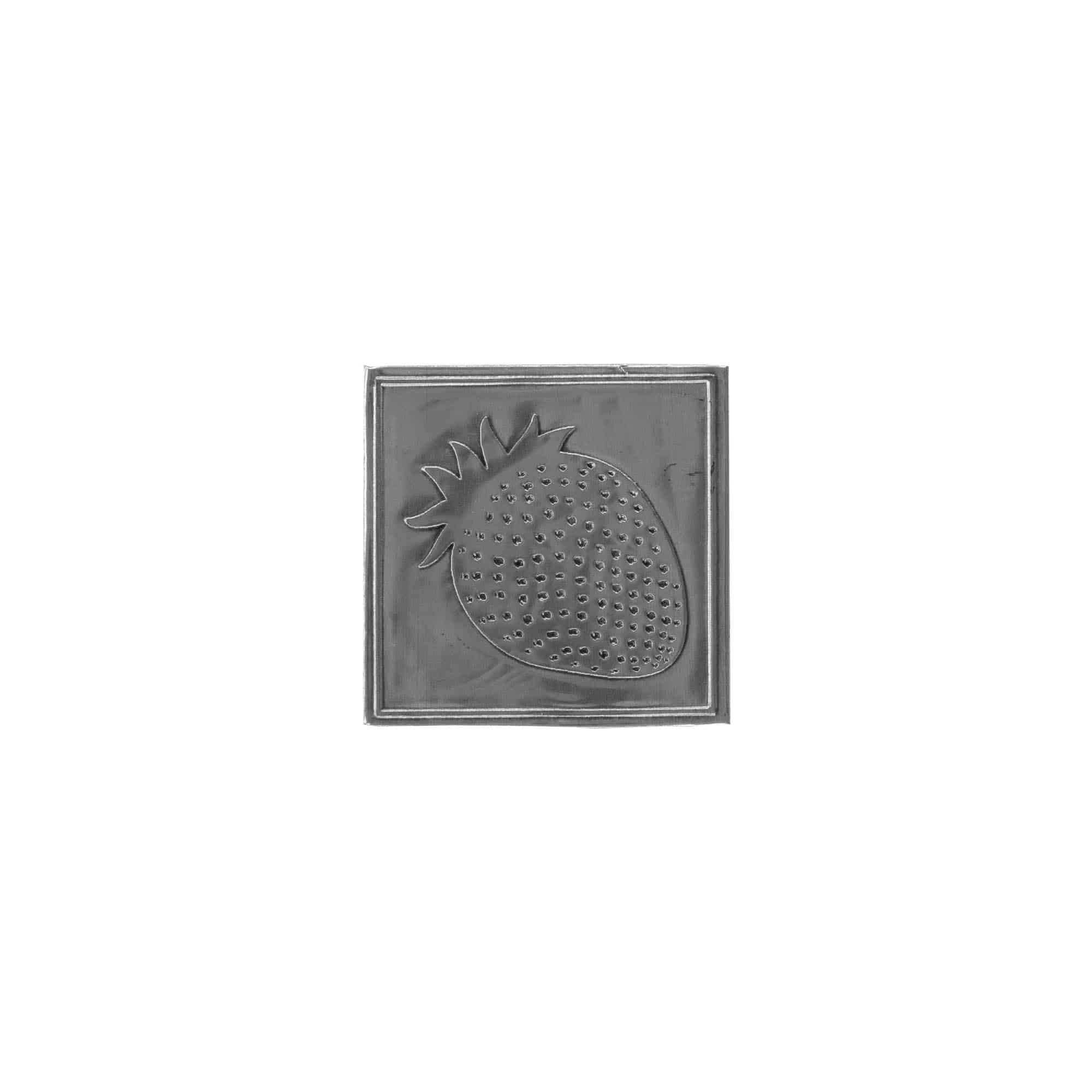 Tennetikett 'Jordgubbe', kvadratisk, metall, silver