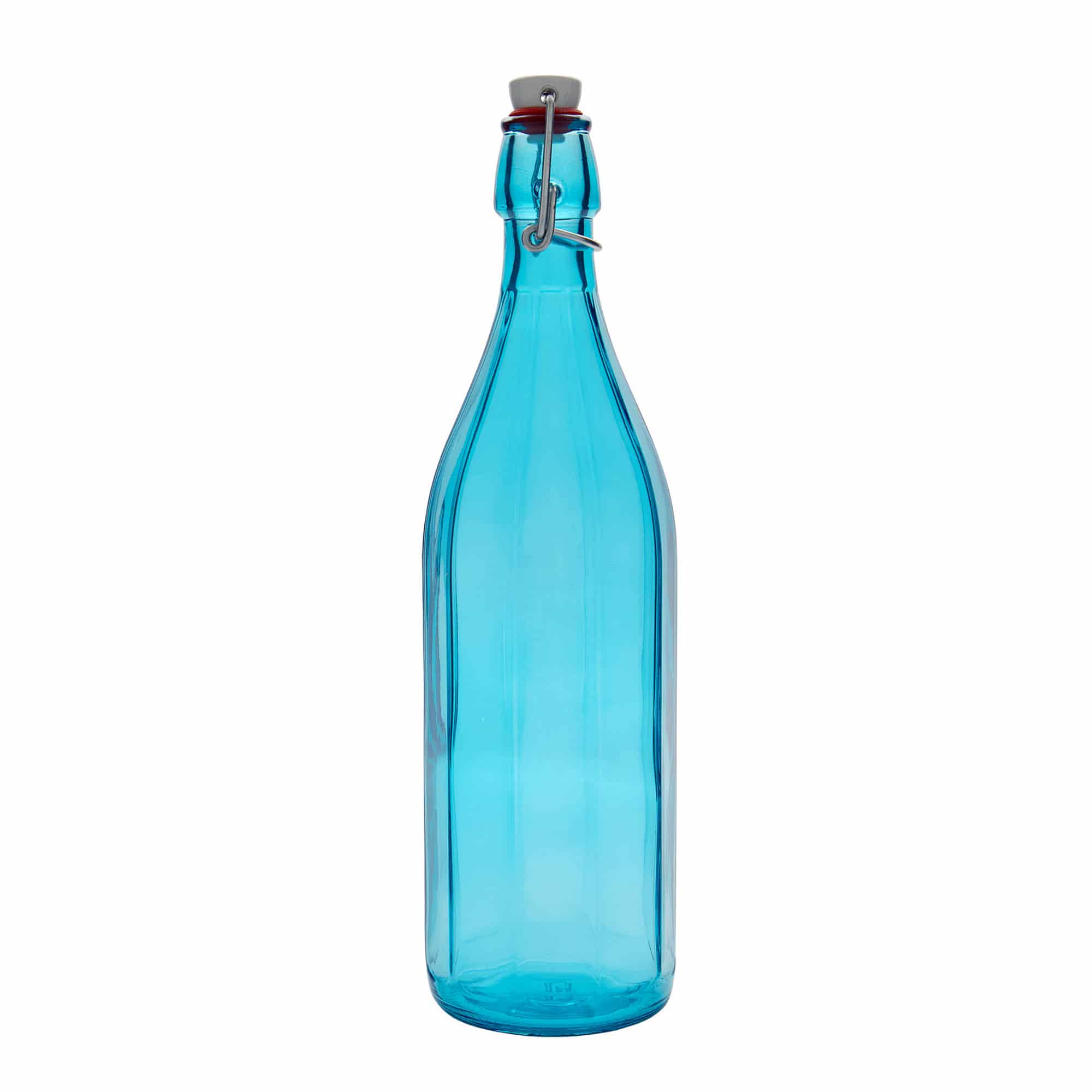1 000 ml glasflaska 'Oxford', tiokantig, azurblå, mynning: patentkork 1 000 ml glasflaska 'Oxford', tiokantig, azurblå, mynning: patentkork