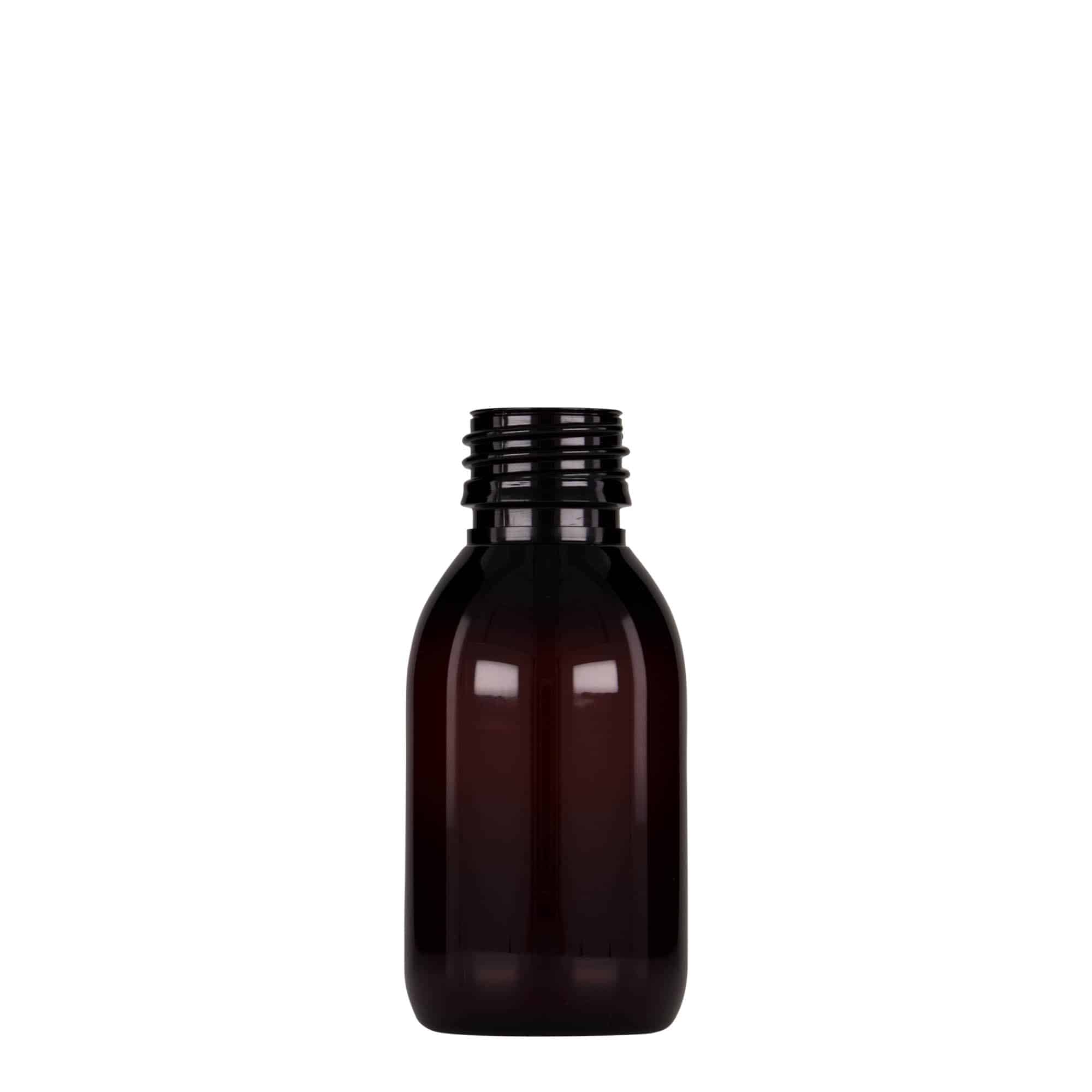 100 ml PET-medicinflaska, brun, plast, mynning: PP 28 100 ml PET-medicinflaska, brun, plast, mynning: PP 28