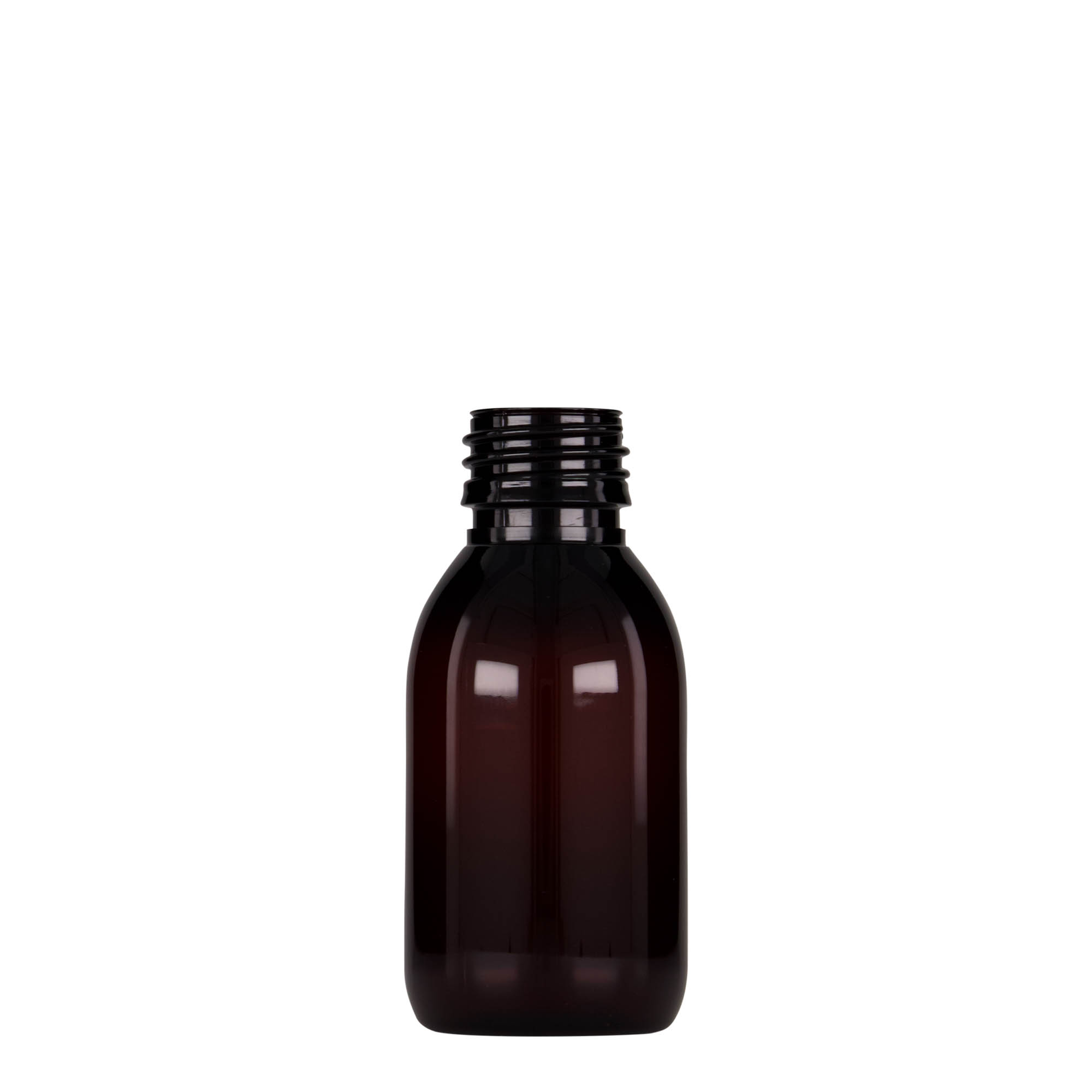 100 ml PET-medicinflaska, brun, plast, öppning: PP 28