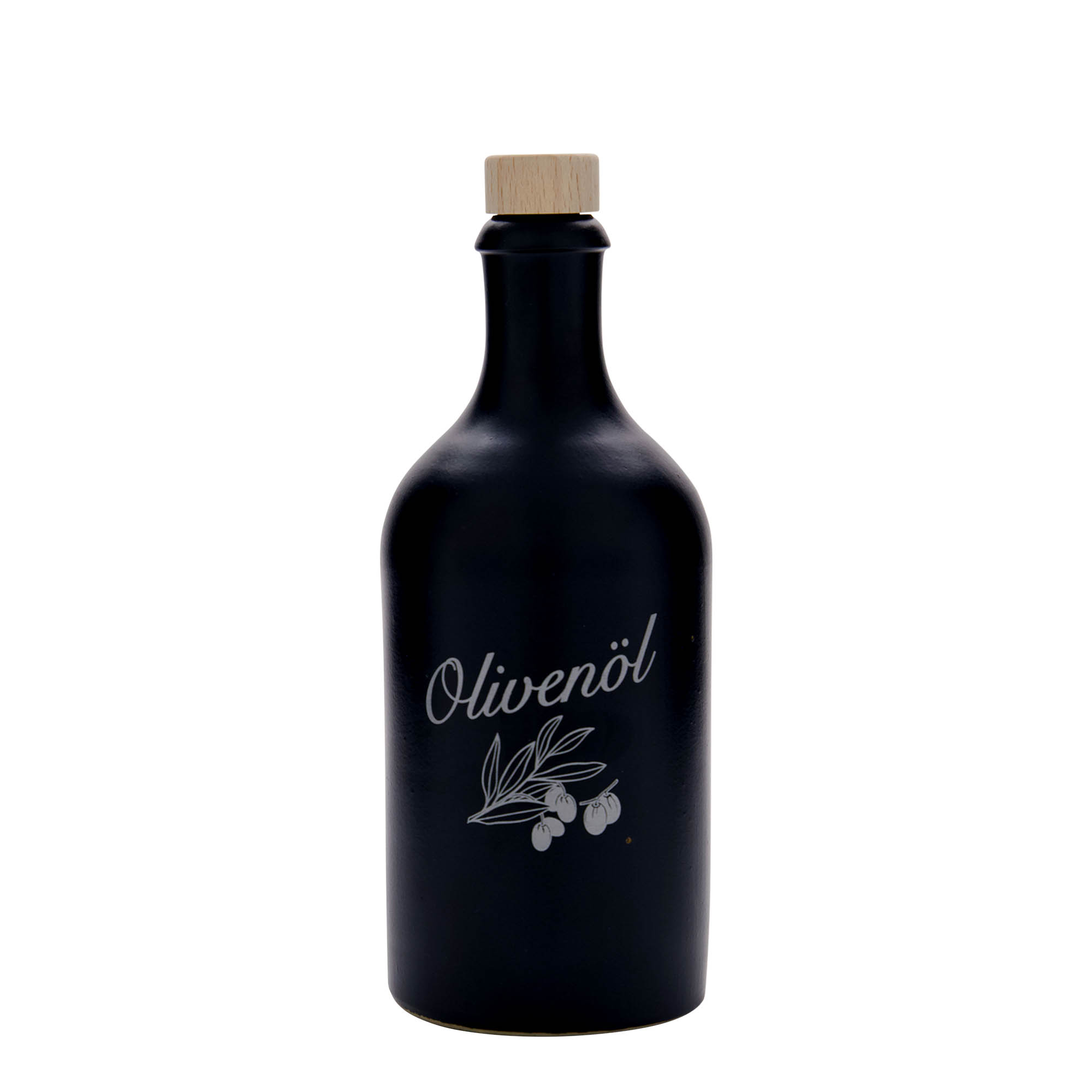 500 ml lerkrus, motiv: olivolja, stengods, svart, mynning: kork