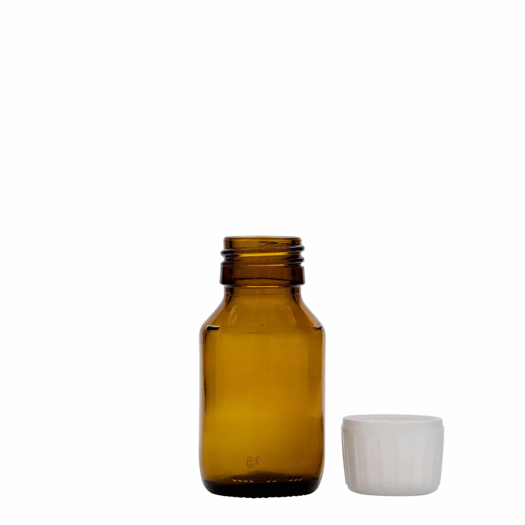 50 ml medicinflaska, brun, glas, mynning: PP 28