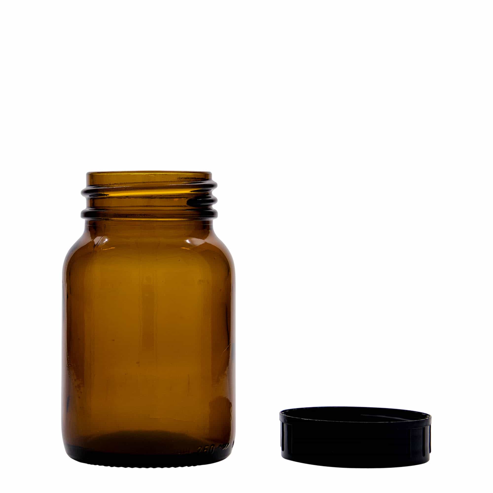 250 ml burk med bred hals, brun, mynning: DIN 55