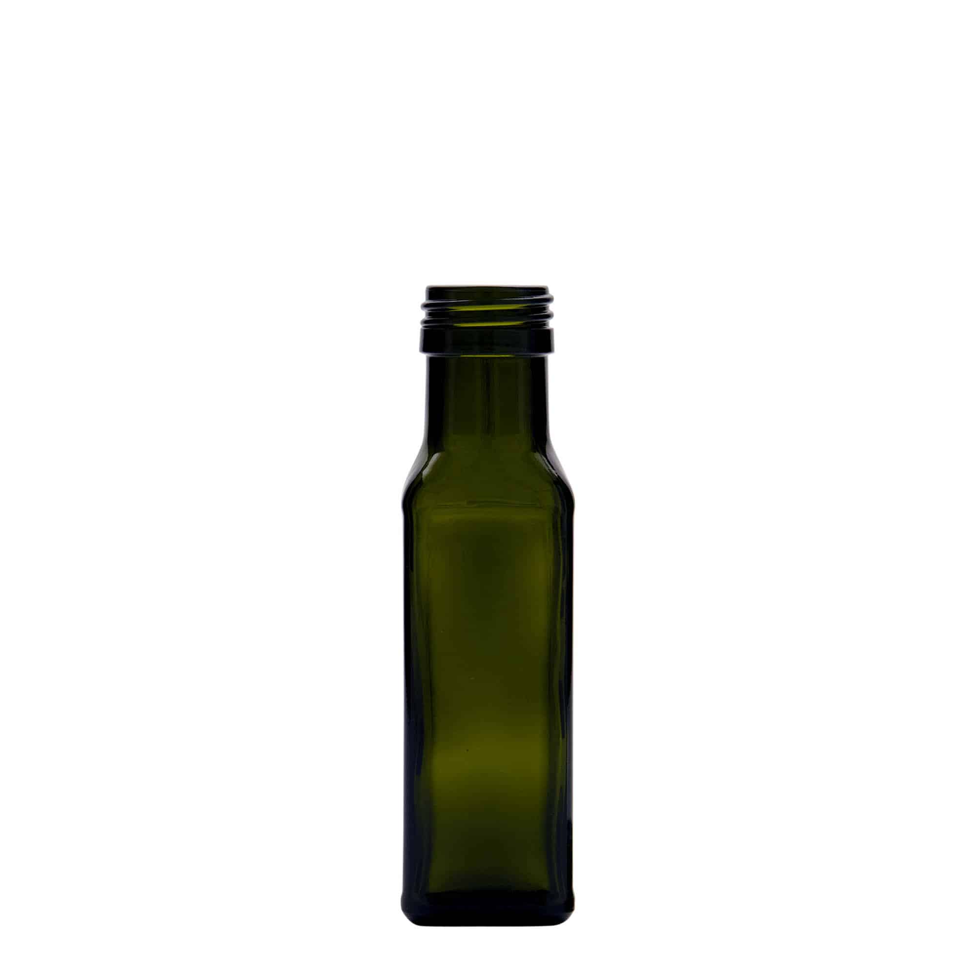 100 ml glasflaska 'Marasca', kvadratisk, antikgrön, mynning: PP 31,5