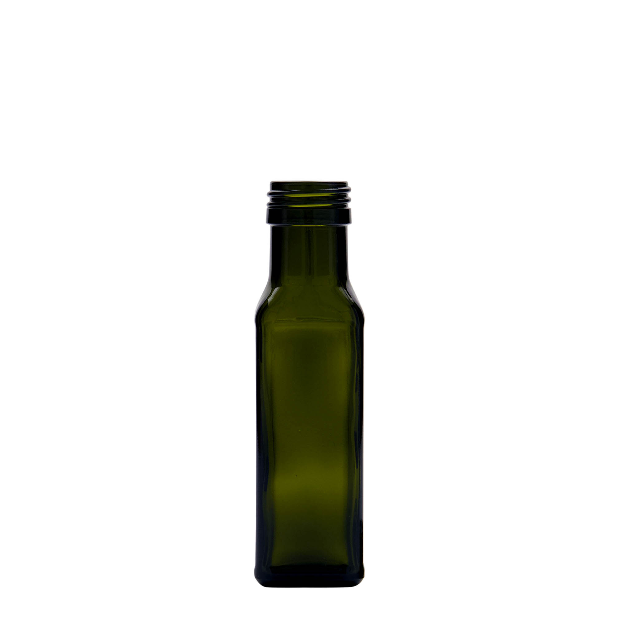 100 ml glasflaska 'Marasca', kvadratisk, antikgrön, öppning: PP 31,5 100 ml glasflaska 'Marasca', kvadratisk, antikgrön, öppning: PP 31,5