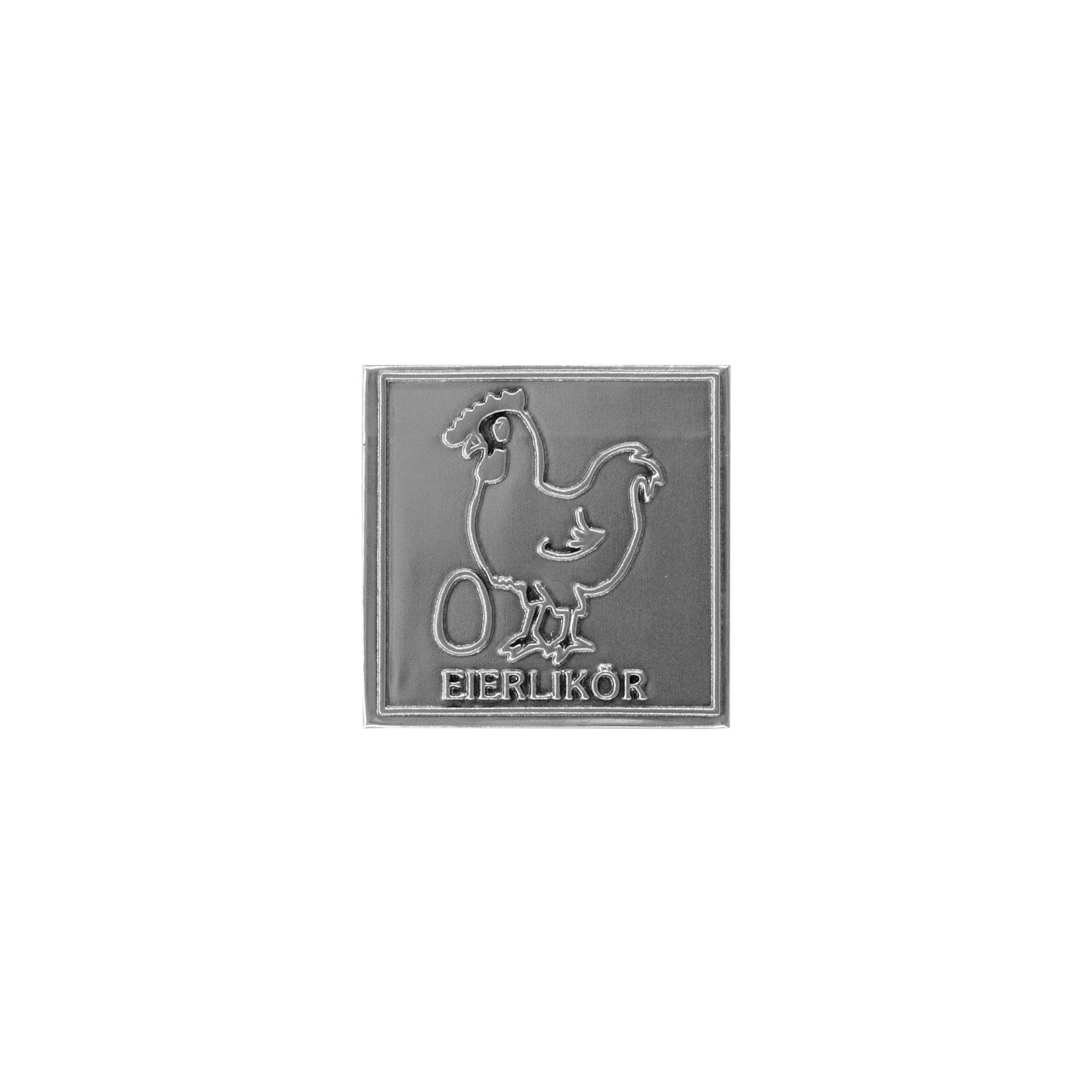 Tennetikett 'Ägglikör', kvadratisk, metall, silver Tennetikett 'Ägglikör', kvadratisk, metall, silver