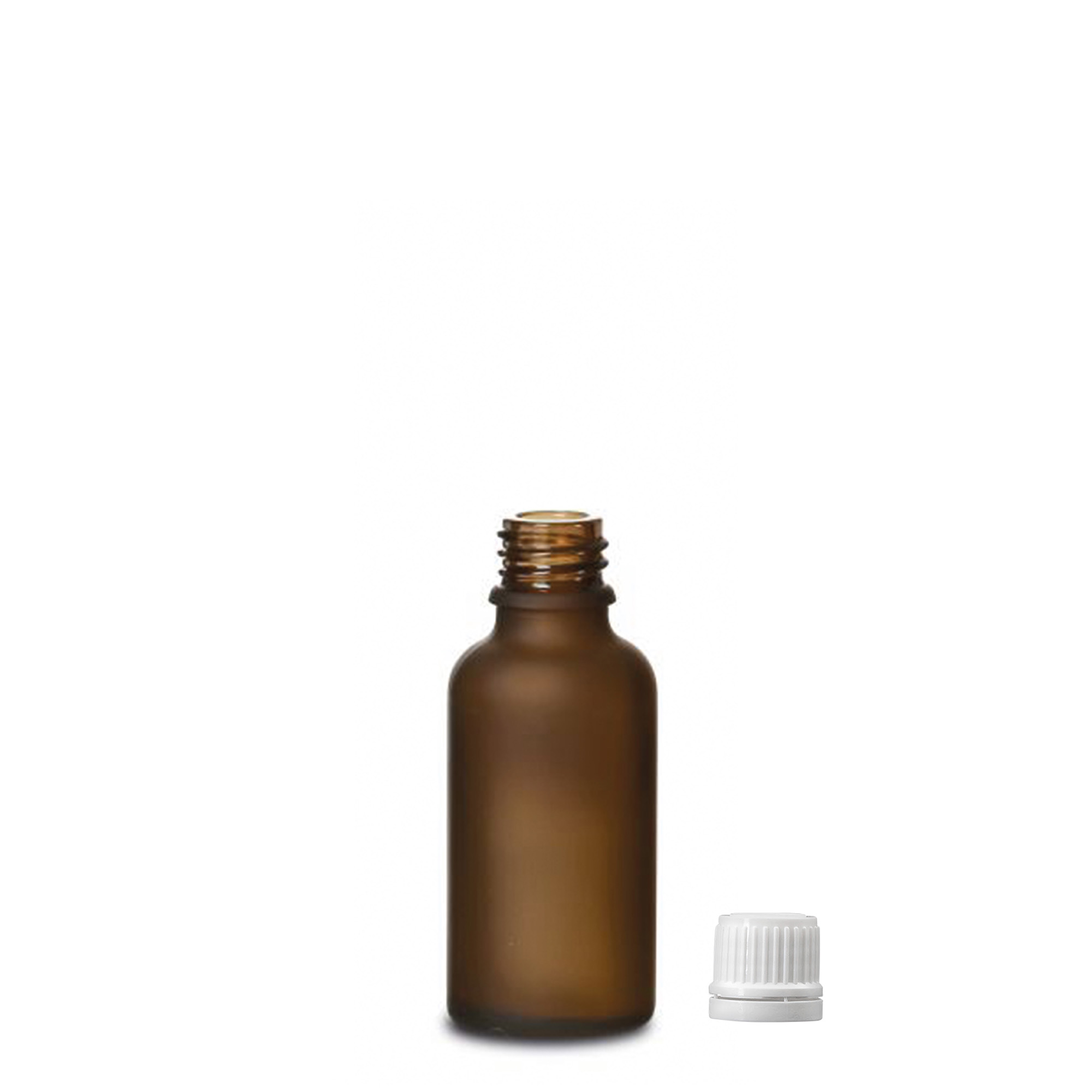 30 ml medicinflaska, glas, brun frostad, mynning: DIN 18 30 ml medicinflaska, glas, brun frostad, mynning: DIN 18