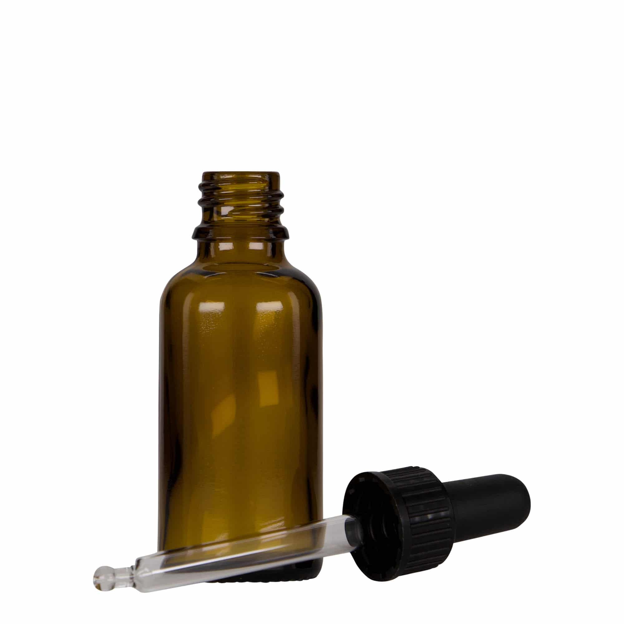 30 ml flaska med pipett, medicin, glas, brun-svart, mynning: DIN 18