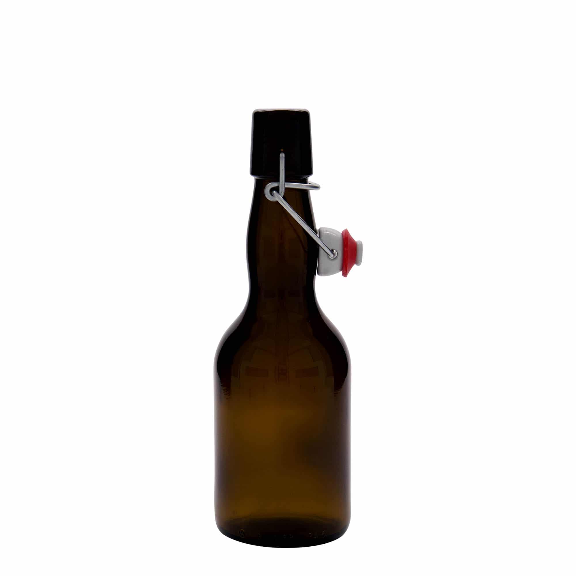 330 ml ölflaska krökt hals, glas, brun, mynning: patentkork