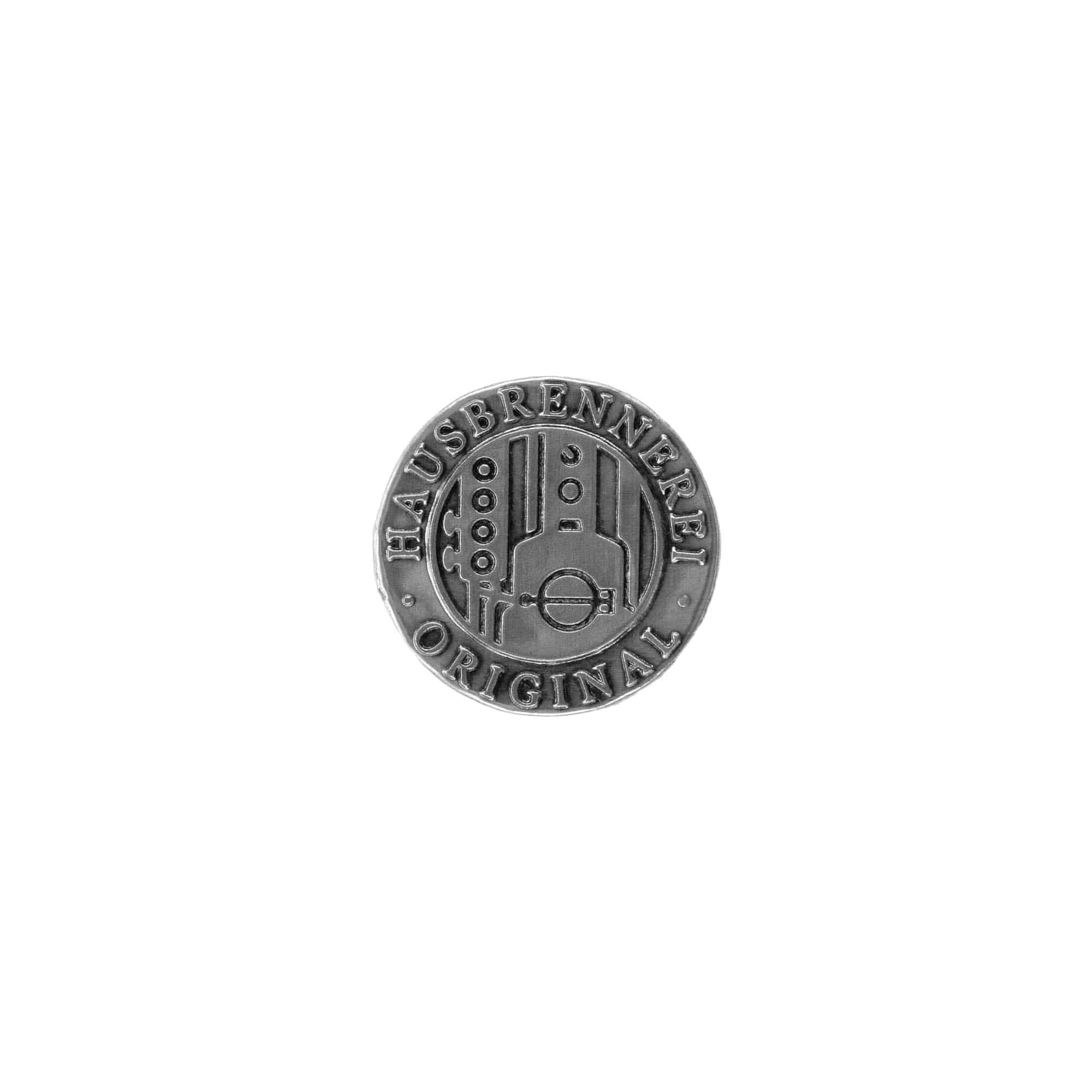 Tennetikett 'Hausbrennerei', rund, metall, silver