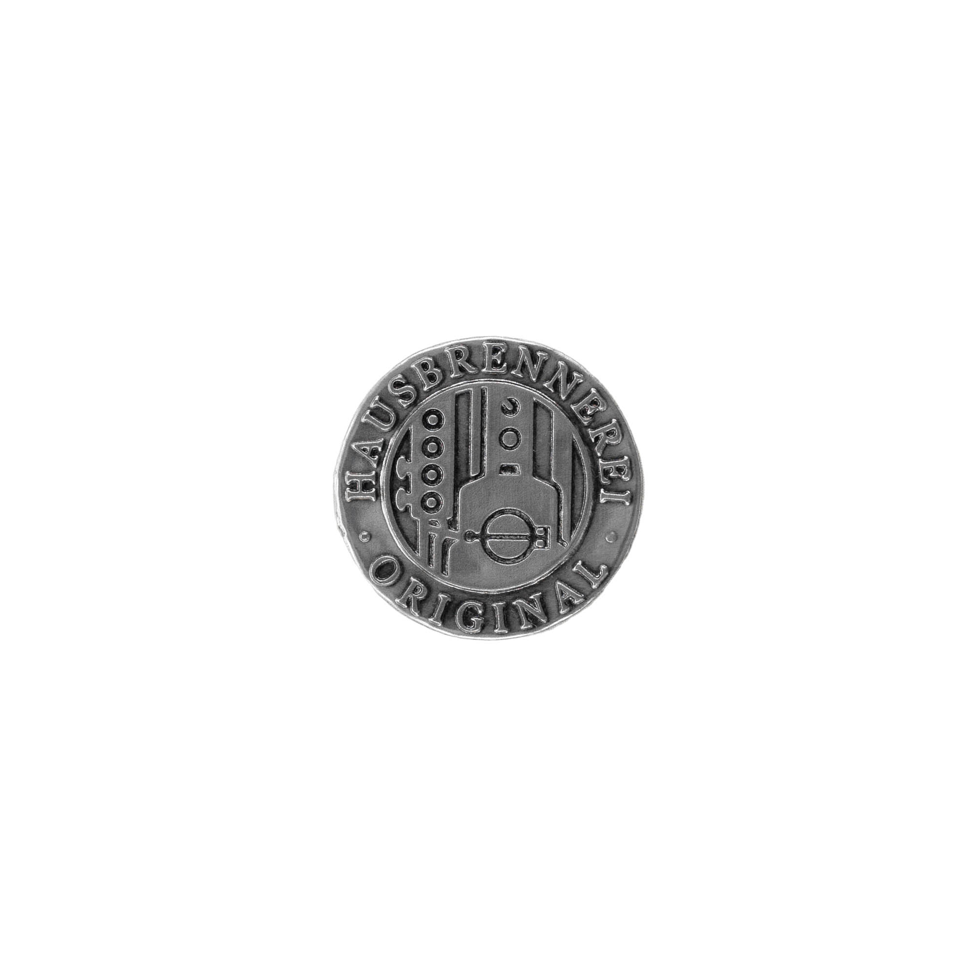 Tennetikett 'Hausbrennerei', rund, metall, silver Tennetikett 'Hausbrennerei', rund, metall, silver