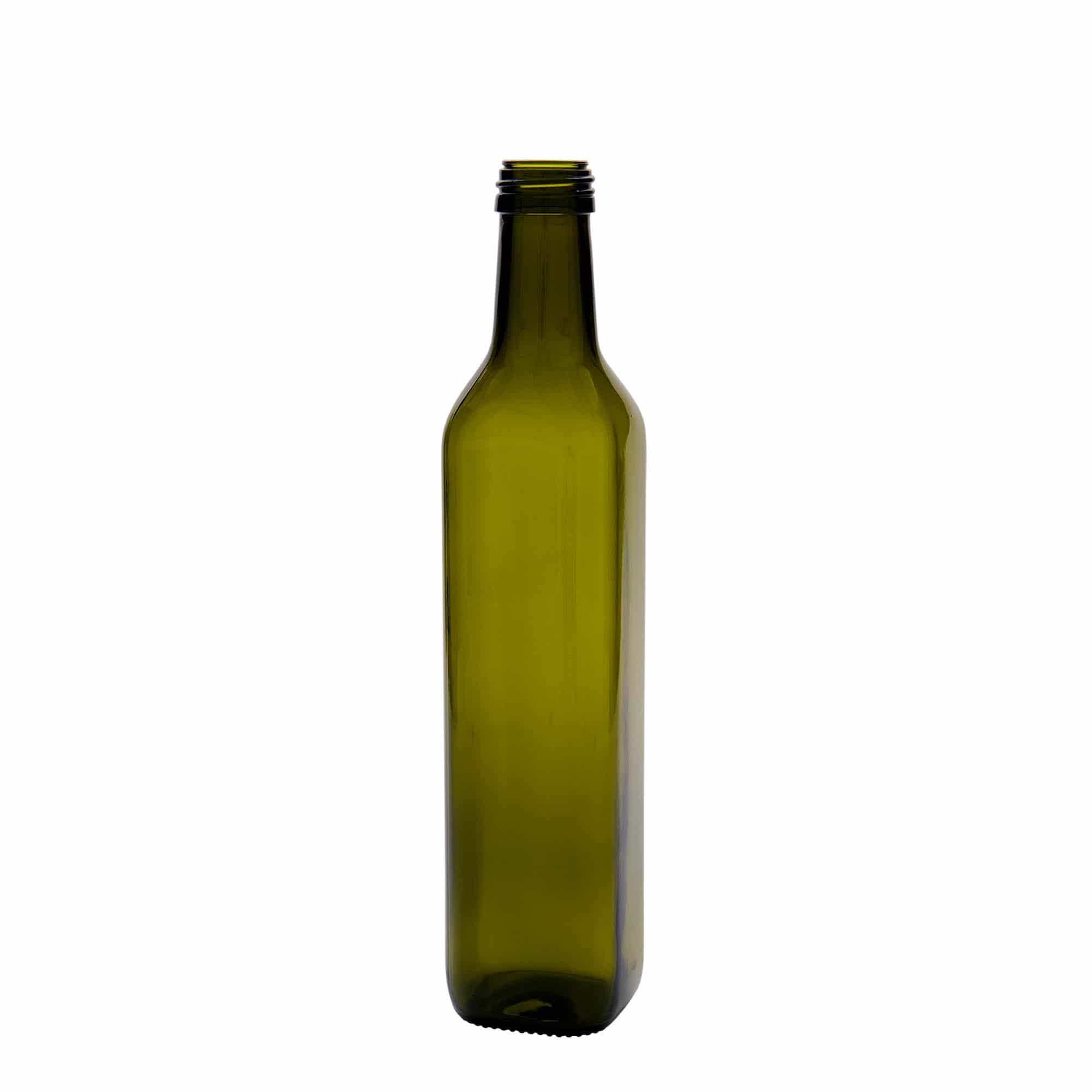 500 ml glasflaska 'Marasca', kvadratisk, antikgrön, mynning: PP 31,5 500 ml glasflaska 'Marasca', kvadratisk, antikgrön, mynning: PP 31,5