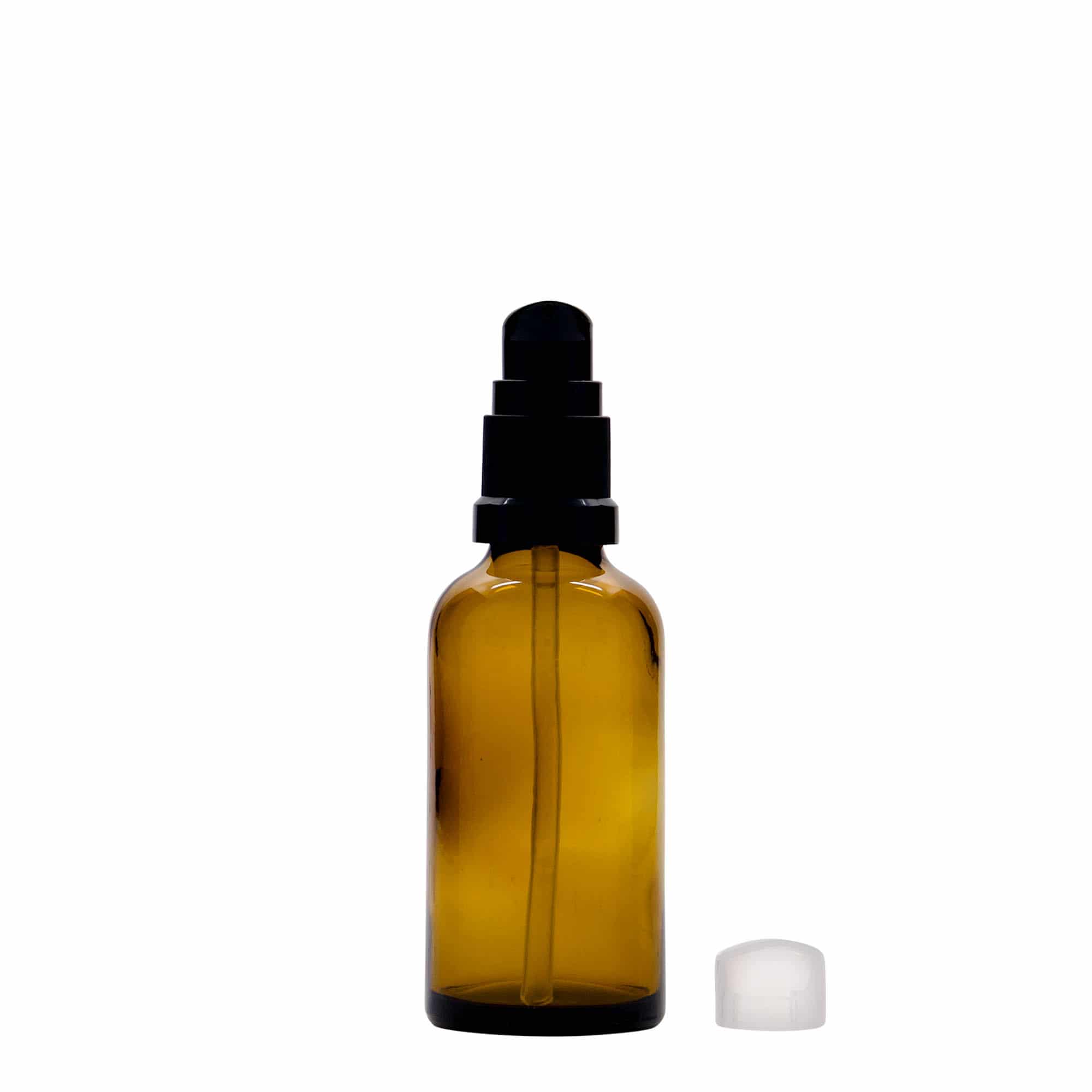 50 ml medicinflaska med lotionpump, glas, brun, mynning: DIN 18